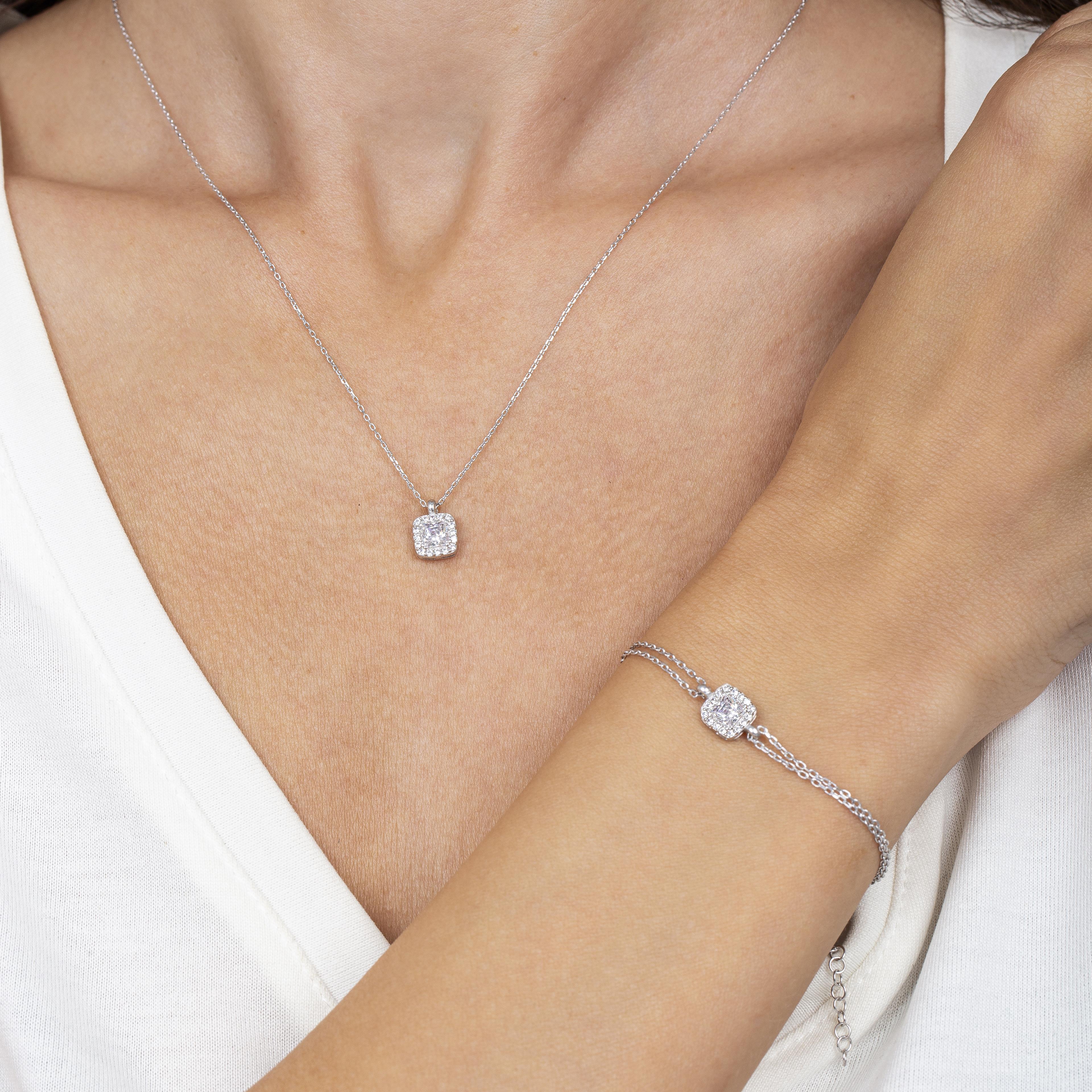 Baguette Square Solitaire Necklace & Bracelet Silver Duo Set