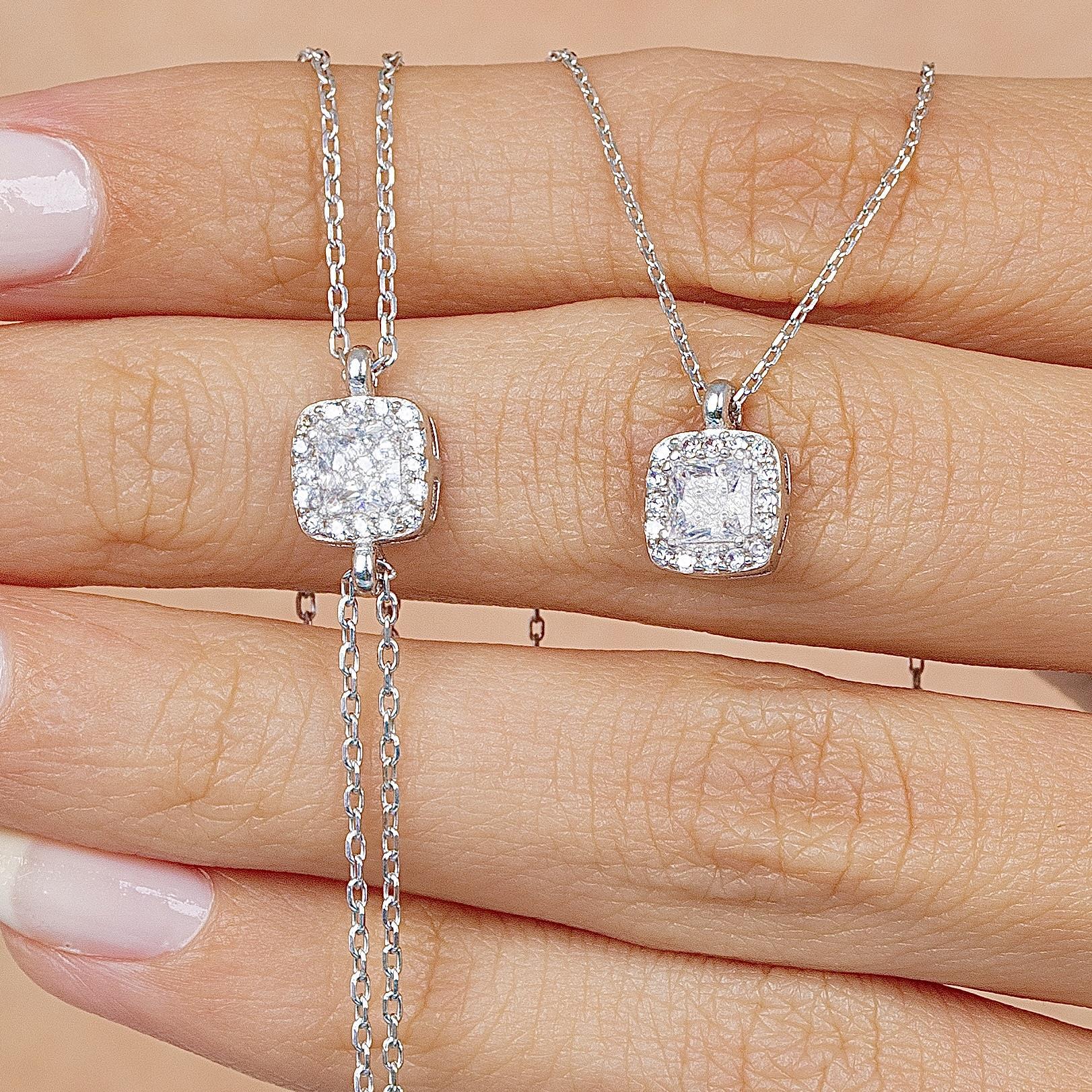 Baguette Square Solitaire Necklace & Bracelet Silver Duo Set