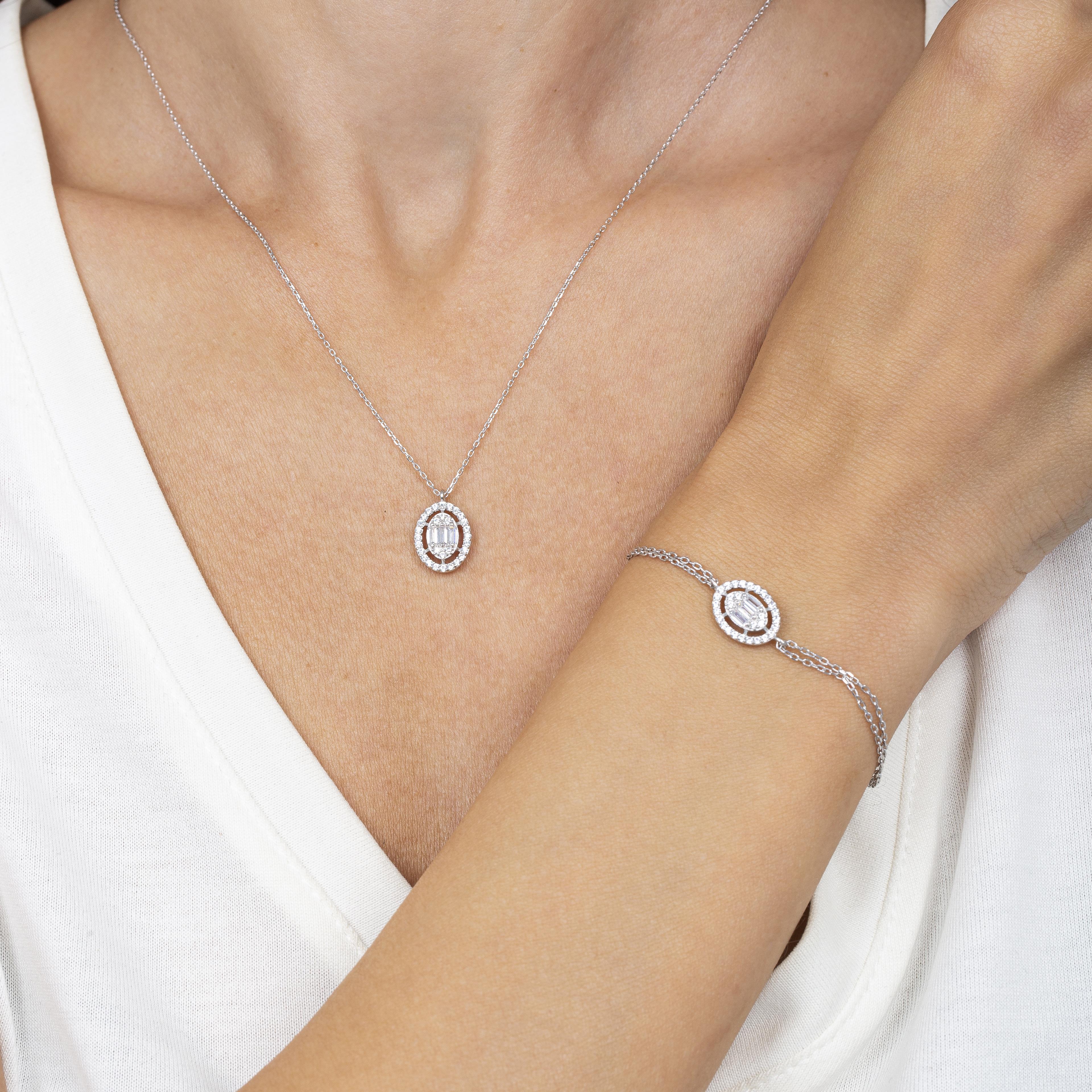 Baguette Round Silver Necklace & Bracelet Set