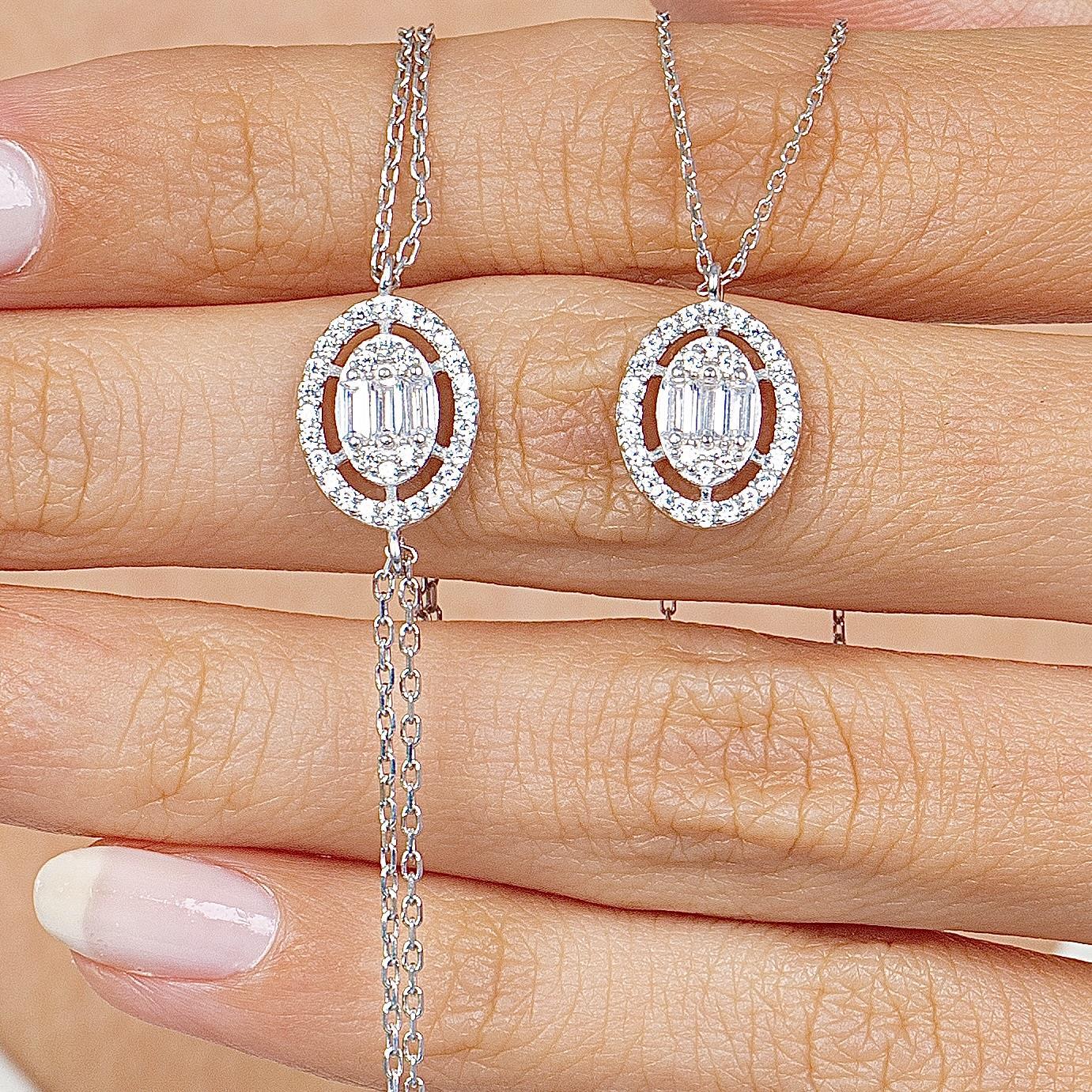 Baguette Round Silver Necklace & Bracelet Set