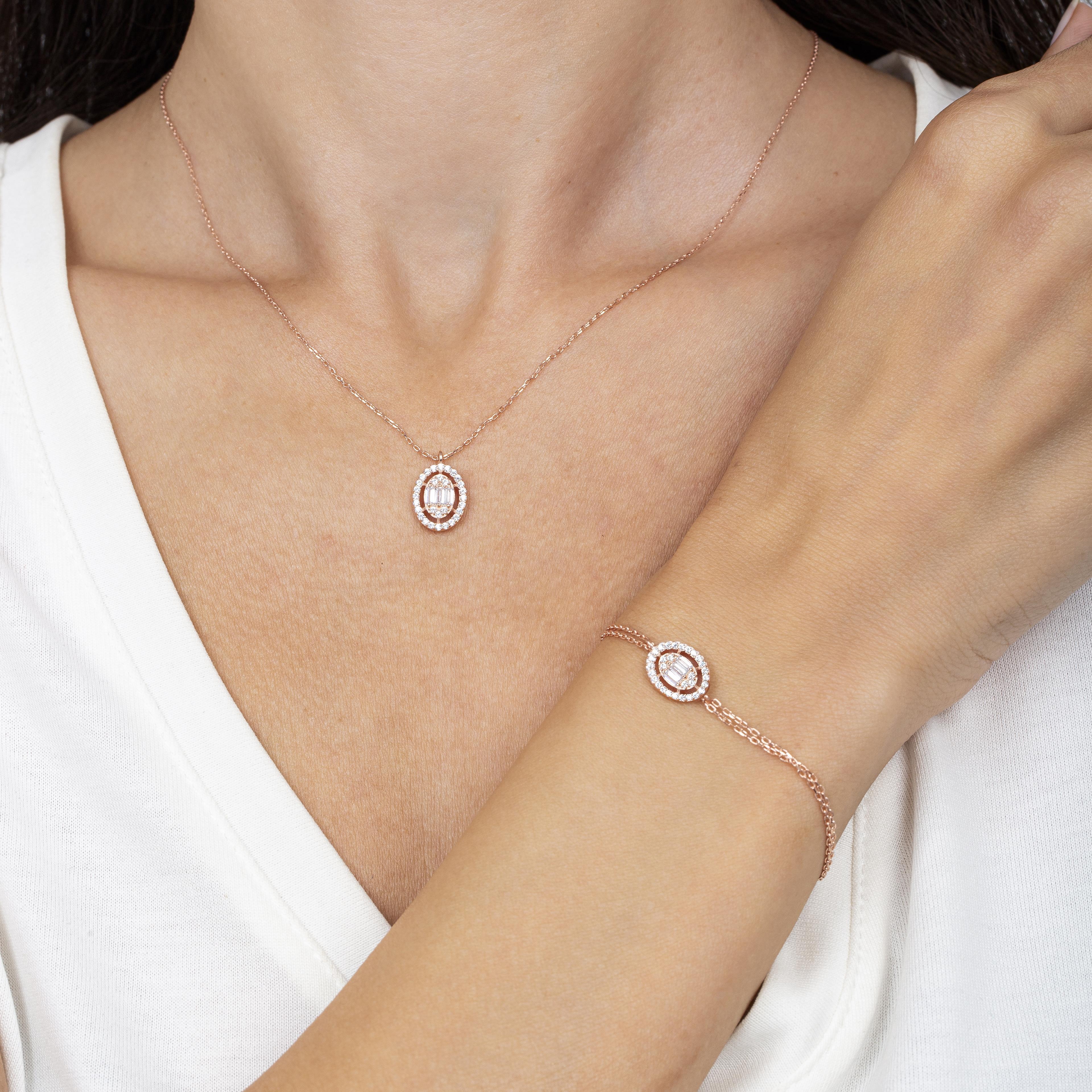 Baguette Round Rose Gold Necklace & Bracelet Set