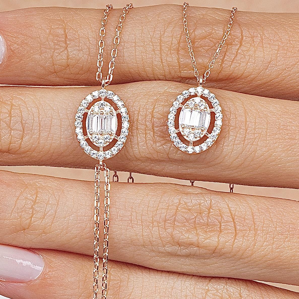 Baguette Round Rose Gold Necklace & Bracelet Set