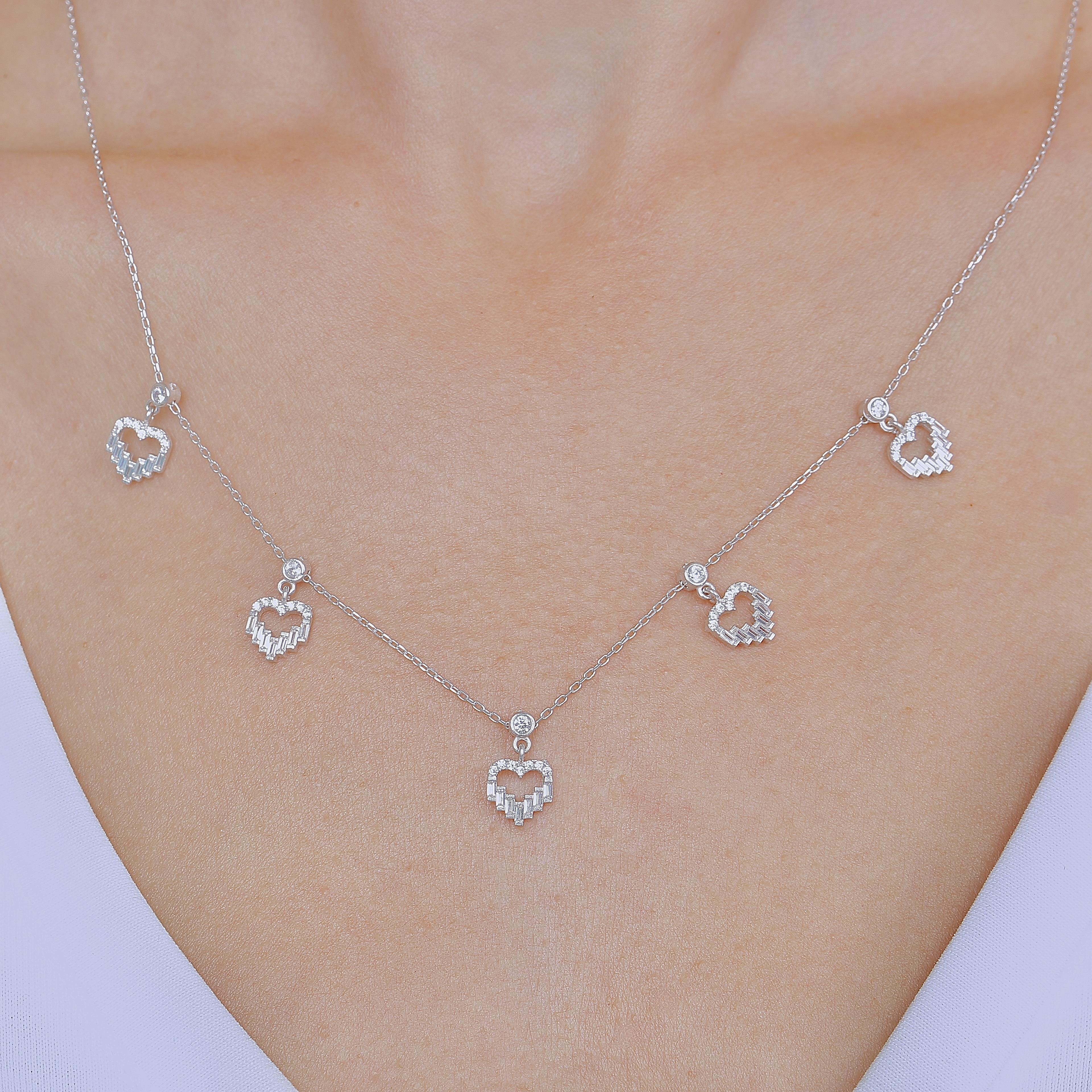 Baguette Hearts Choker Silver Necklace