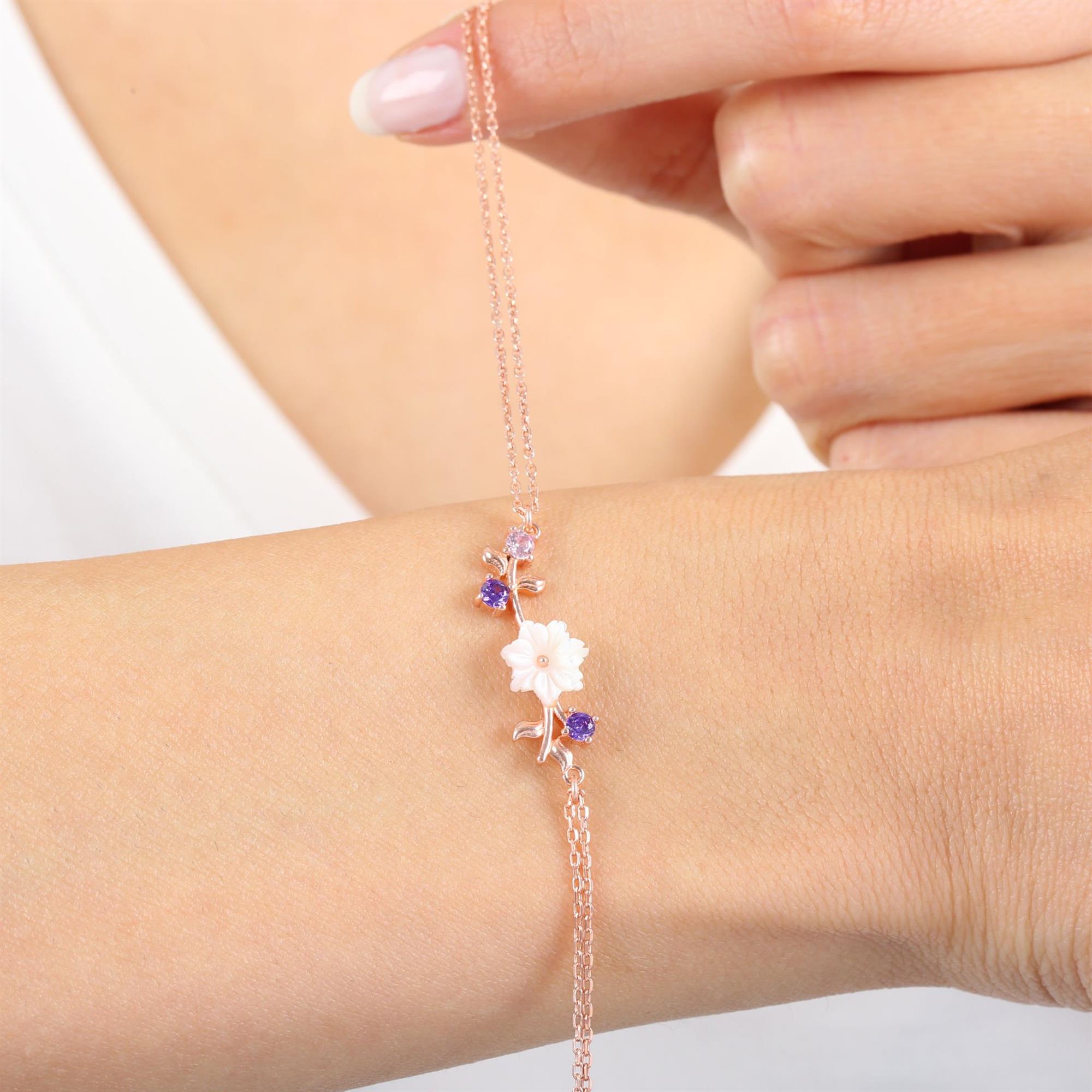 Rose gold plated bracelet with white magnolia flower and purple cubic zirconia – romantic spring floral jewelry for women