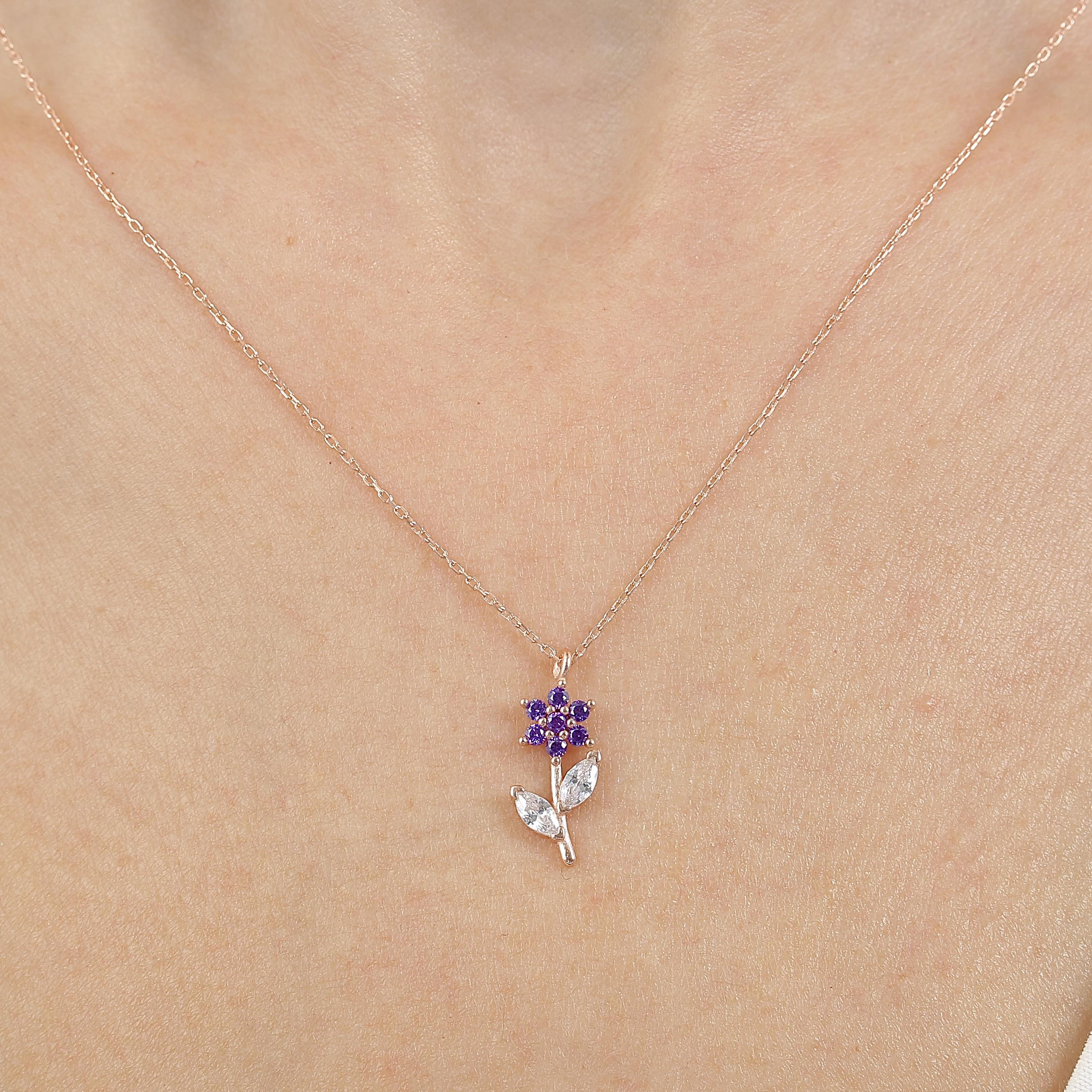 Amethyst Stone Flower Rose Gold Necklace