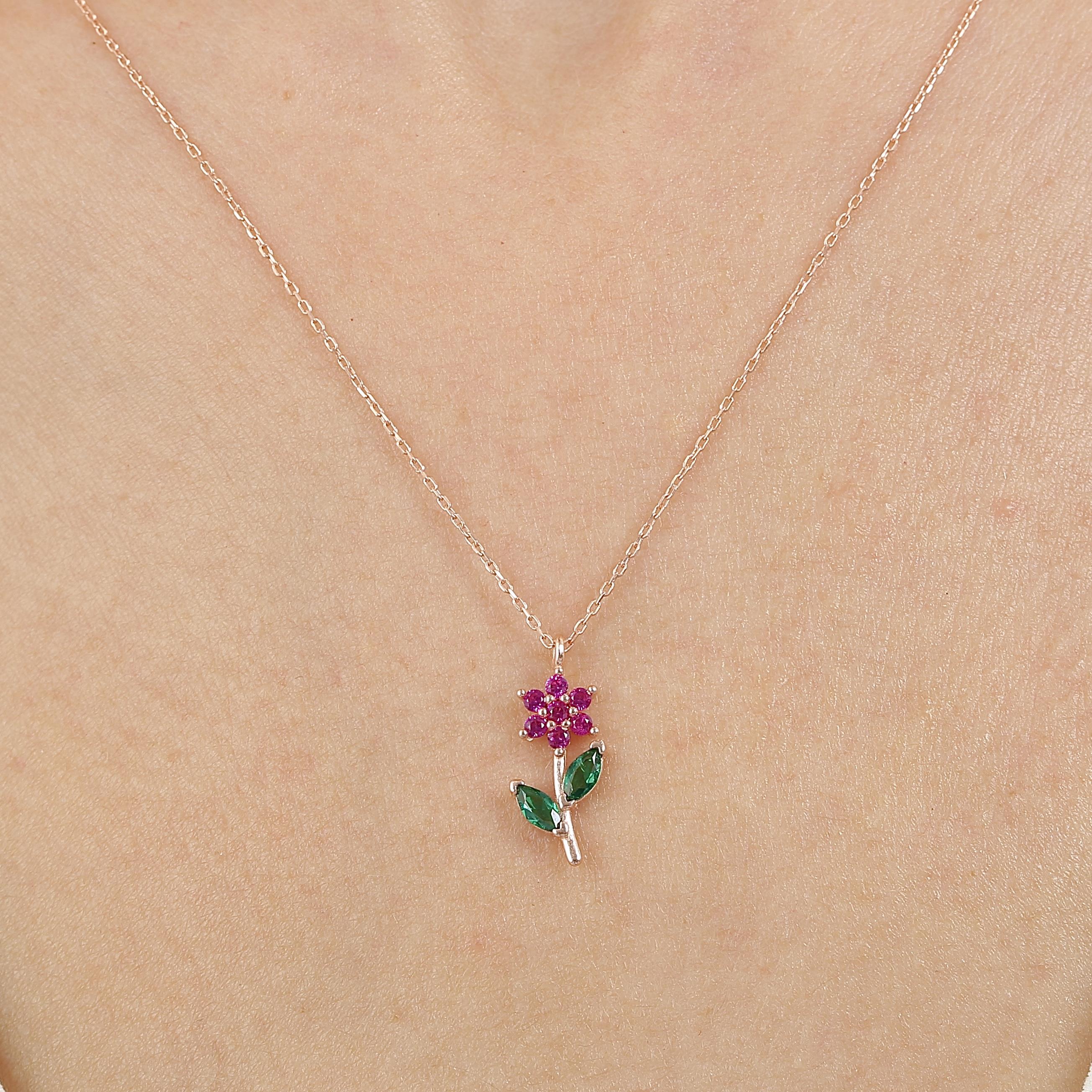 Flower Fuchsia Stone Rose Gold Necklace