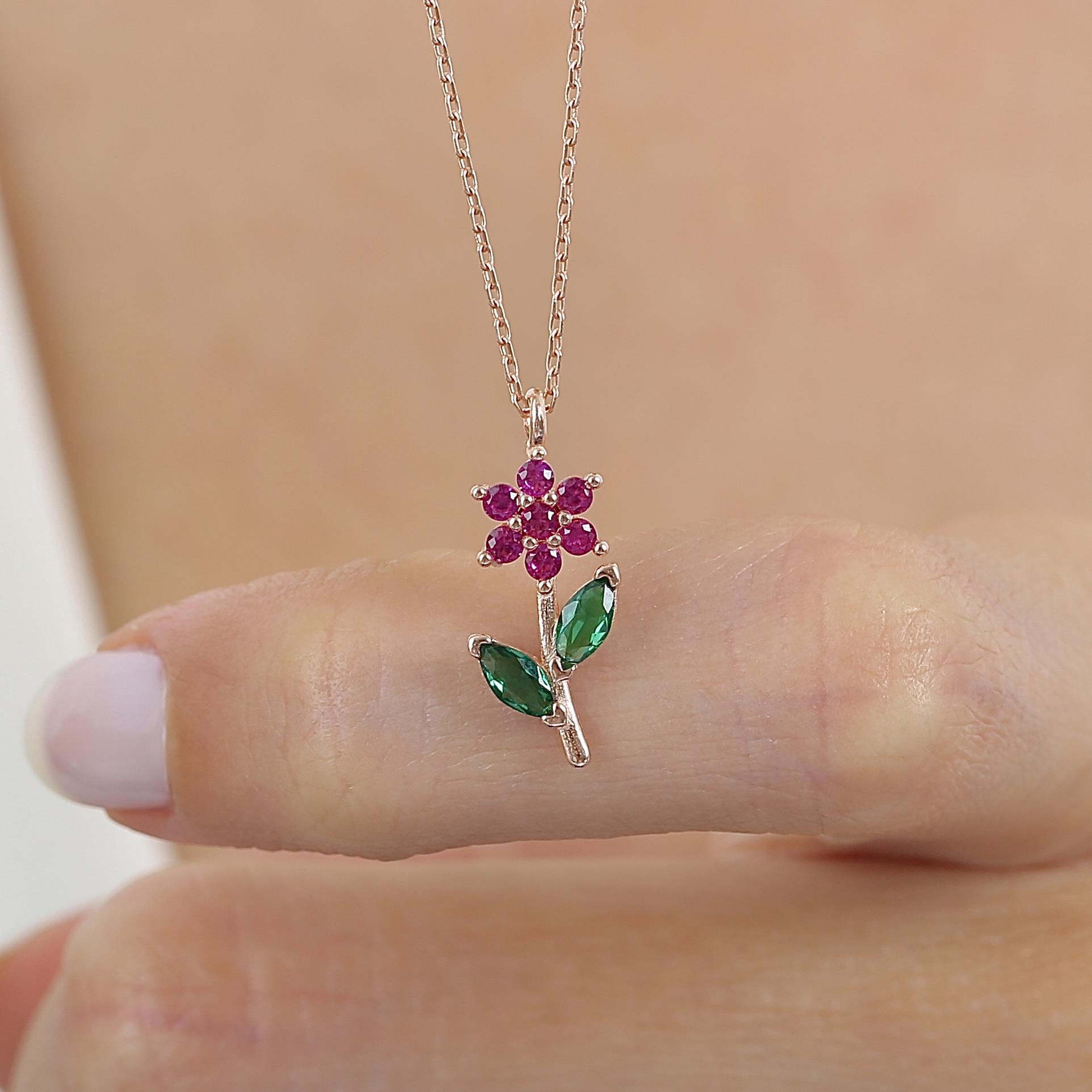 Flower Fuchsia Stone Rose Gold Necklace