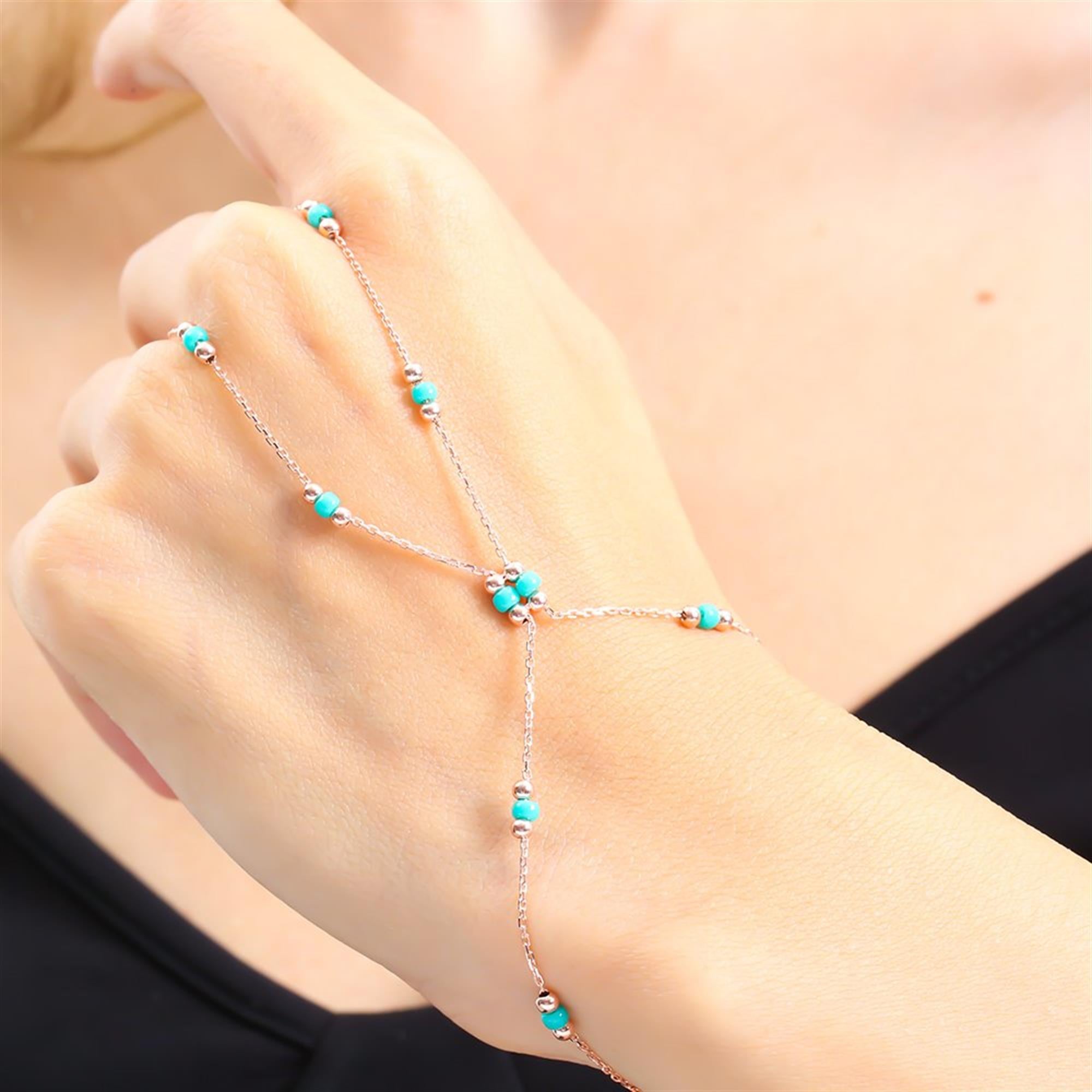 Turquoise Beaded Hand Chain Rose Gold Bracelet