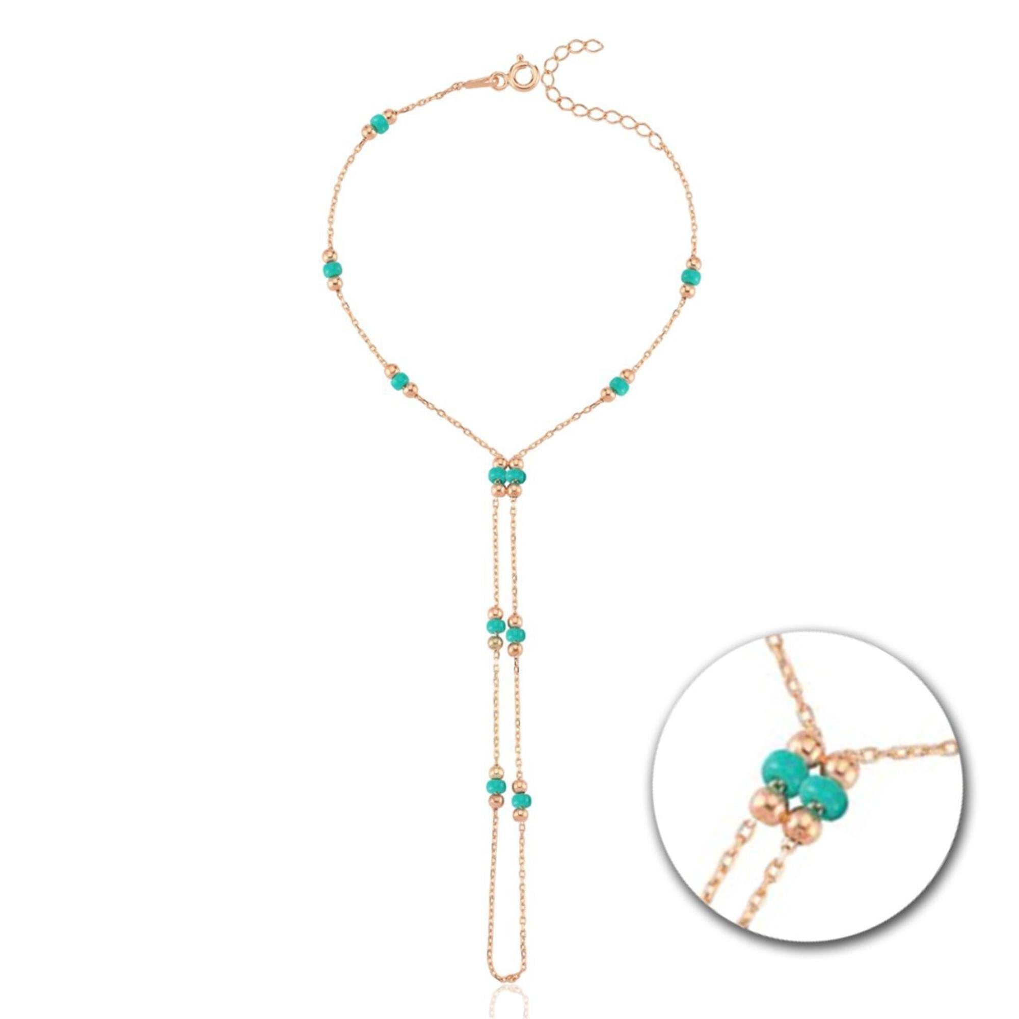 Turquoise Beaded Hand Chain Rose Gold Bracelet