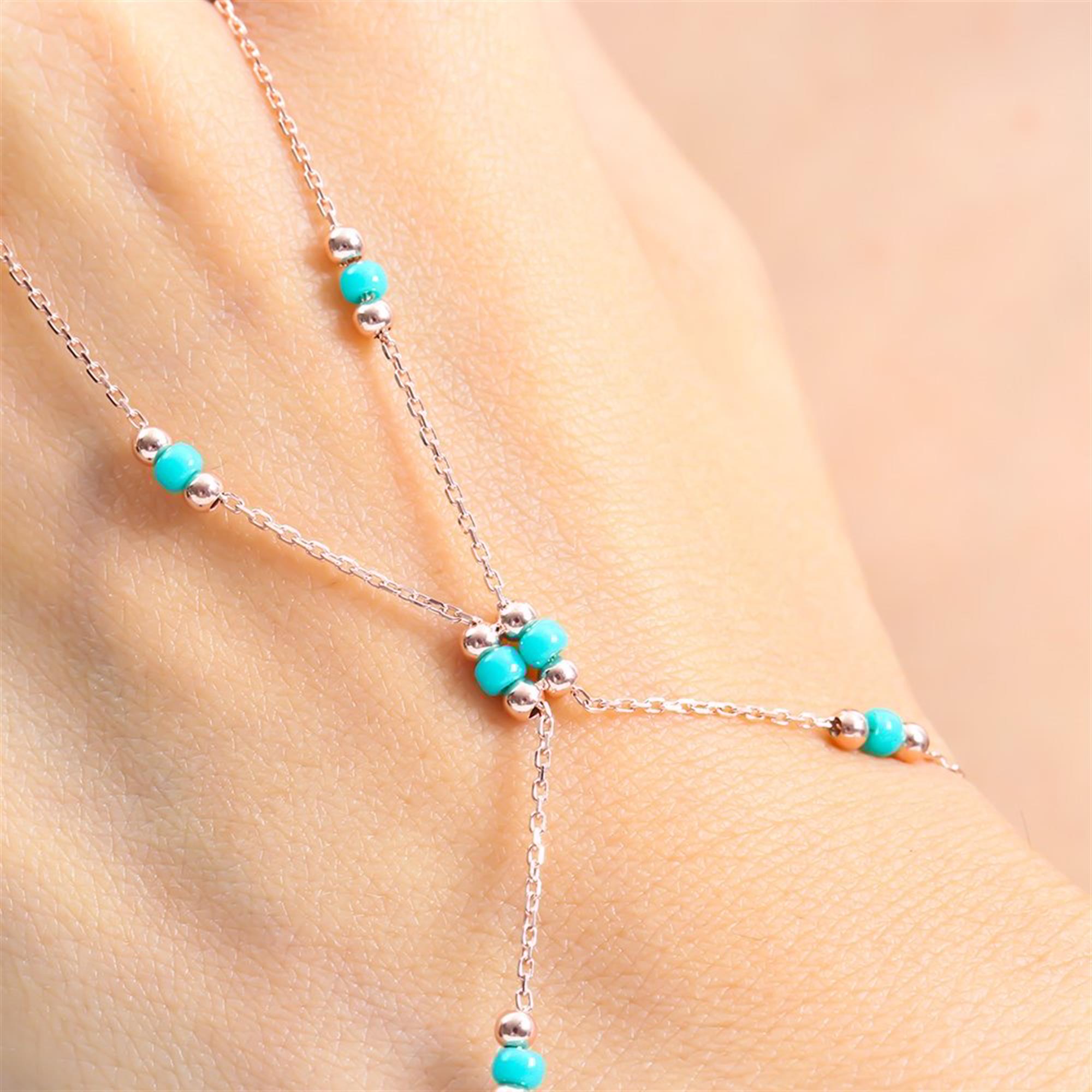 Turquoise Beaded Hand Chain Rose Gold Bracelet