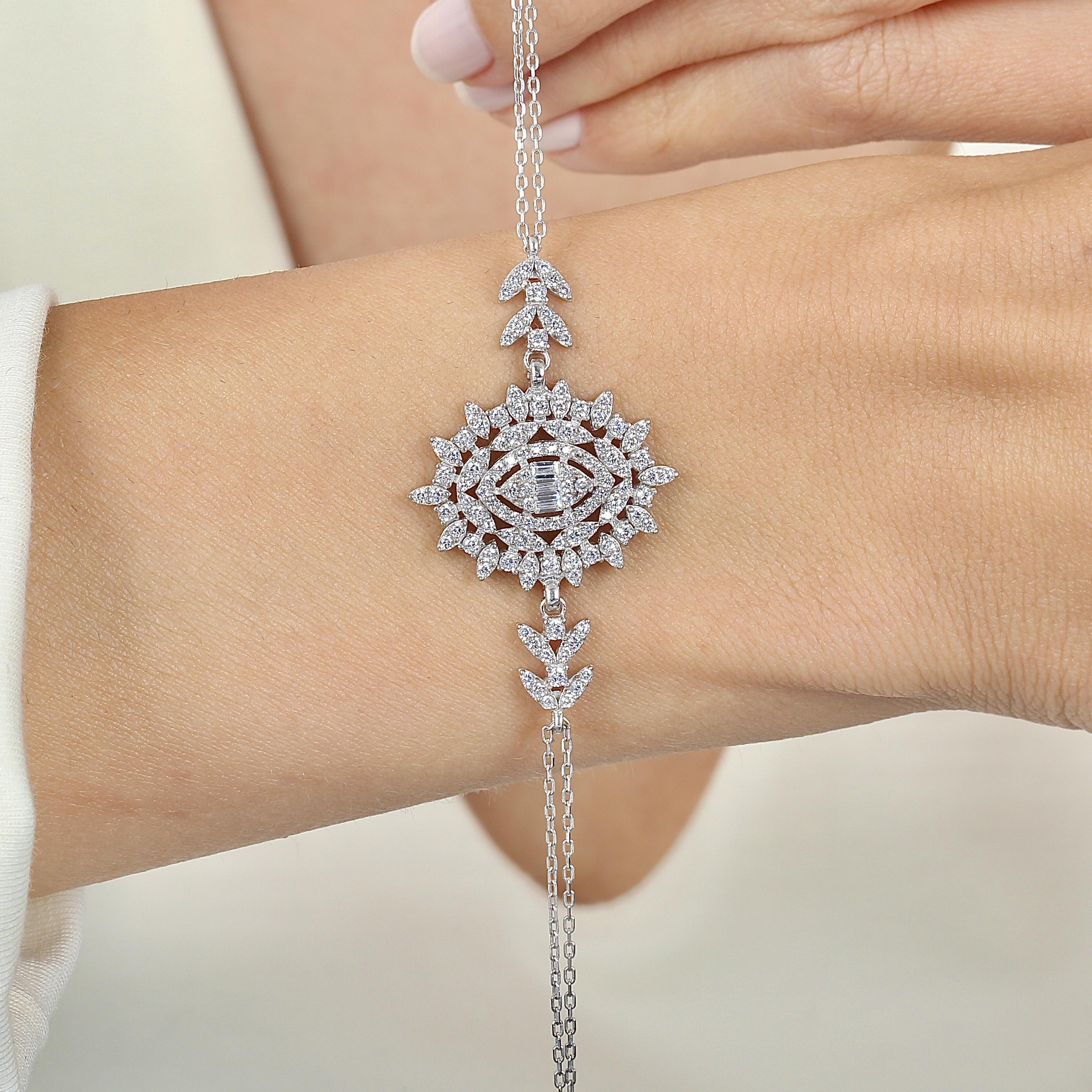 Effective Diamond Baguette Charm Silver Bracelet