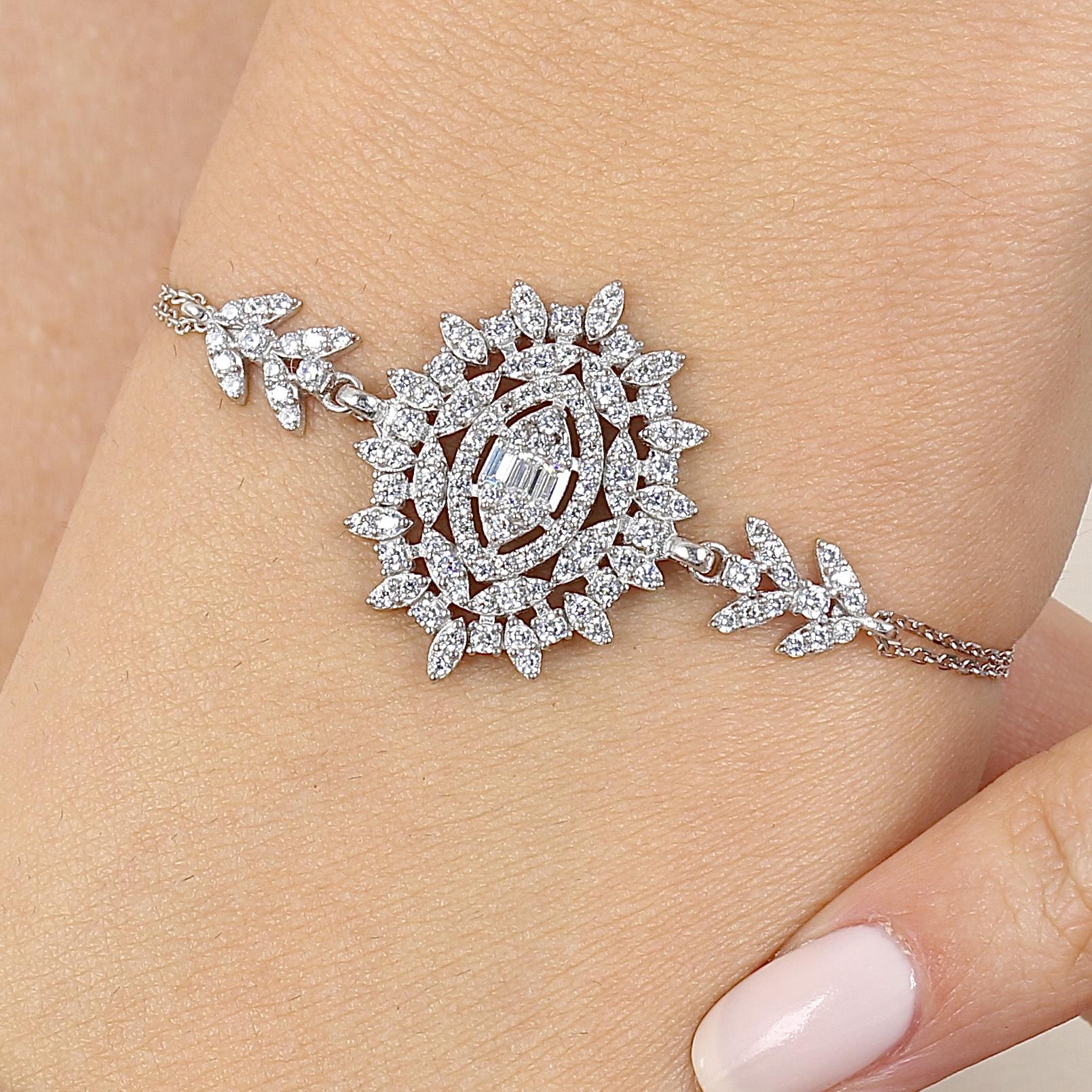 Effective Diamond Baguette Charm Silver Bracelet