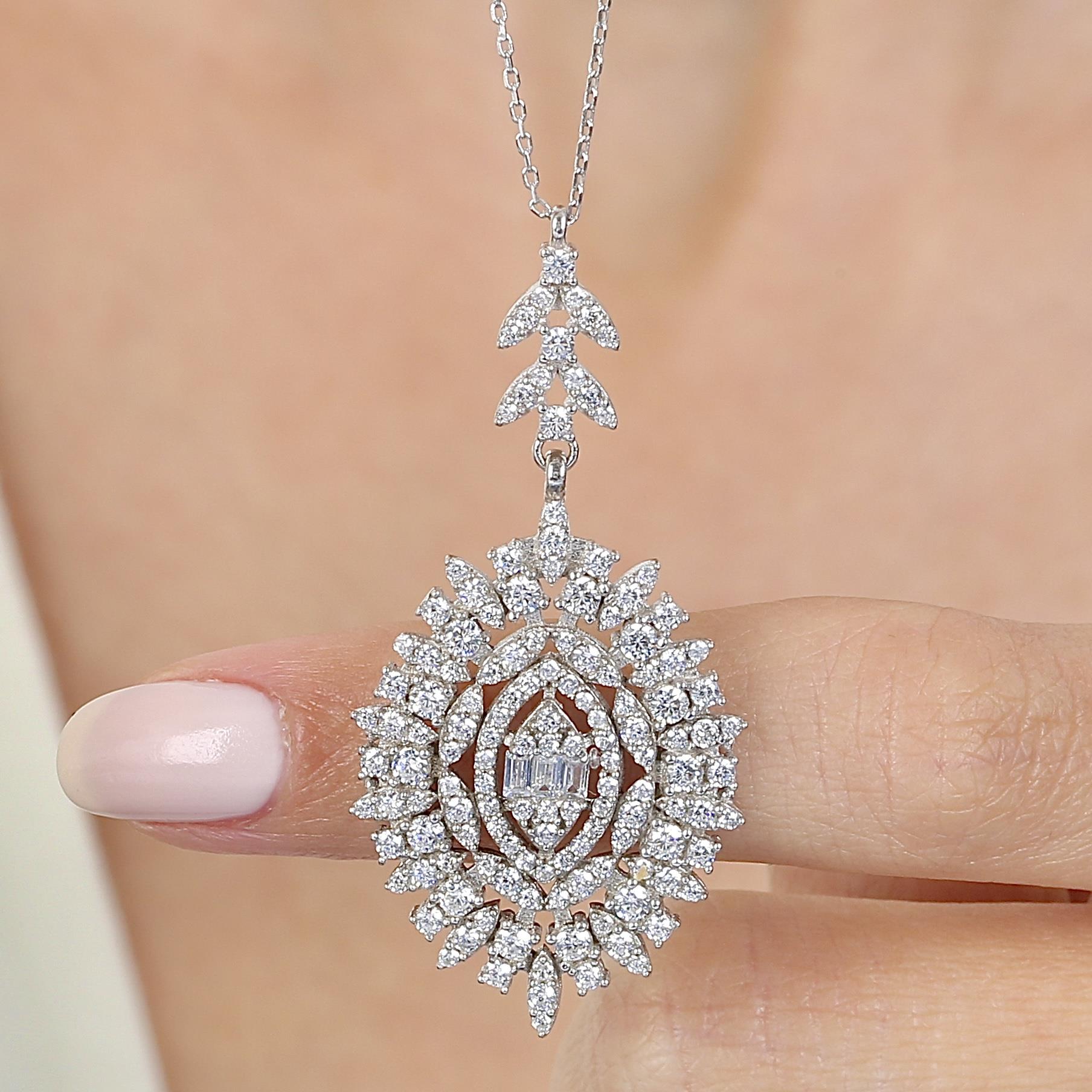 Effective Diamond Baguette Charm Silver Necklace