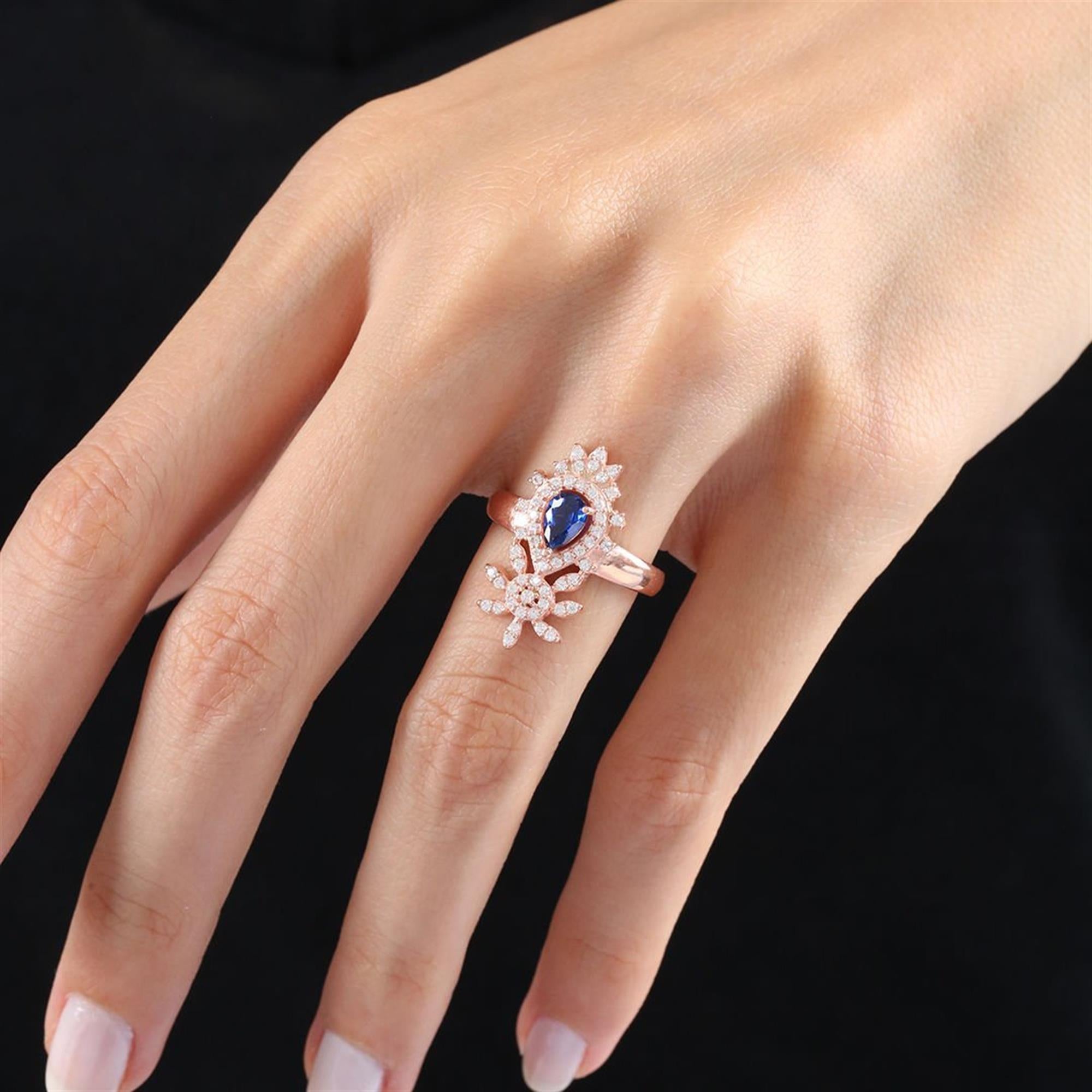 Effective Diamond Sapphire Spark Drop Rose Gold Ring