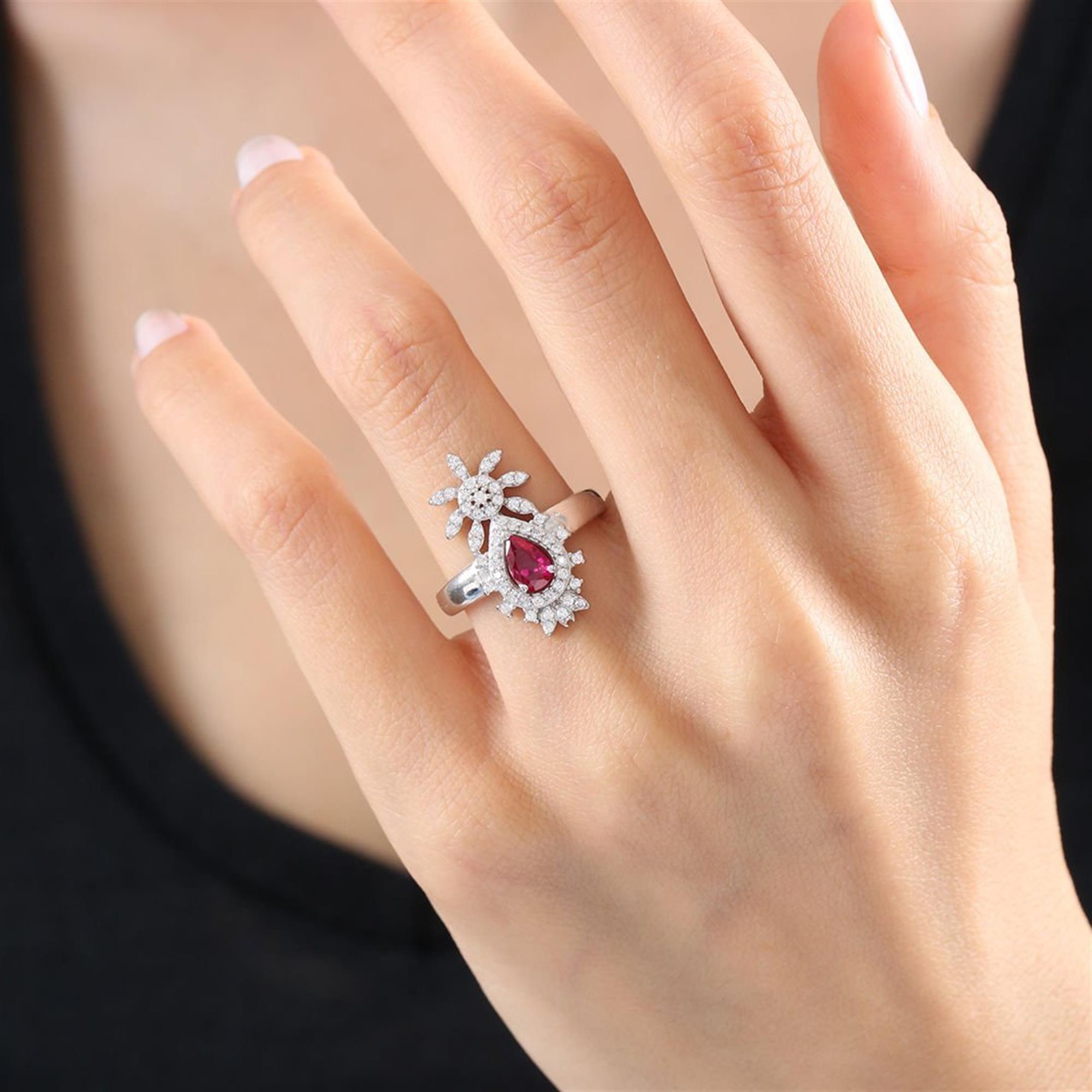 Effective Diamond Prosperity Drop Ruby Silver Ring