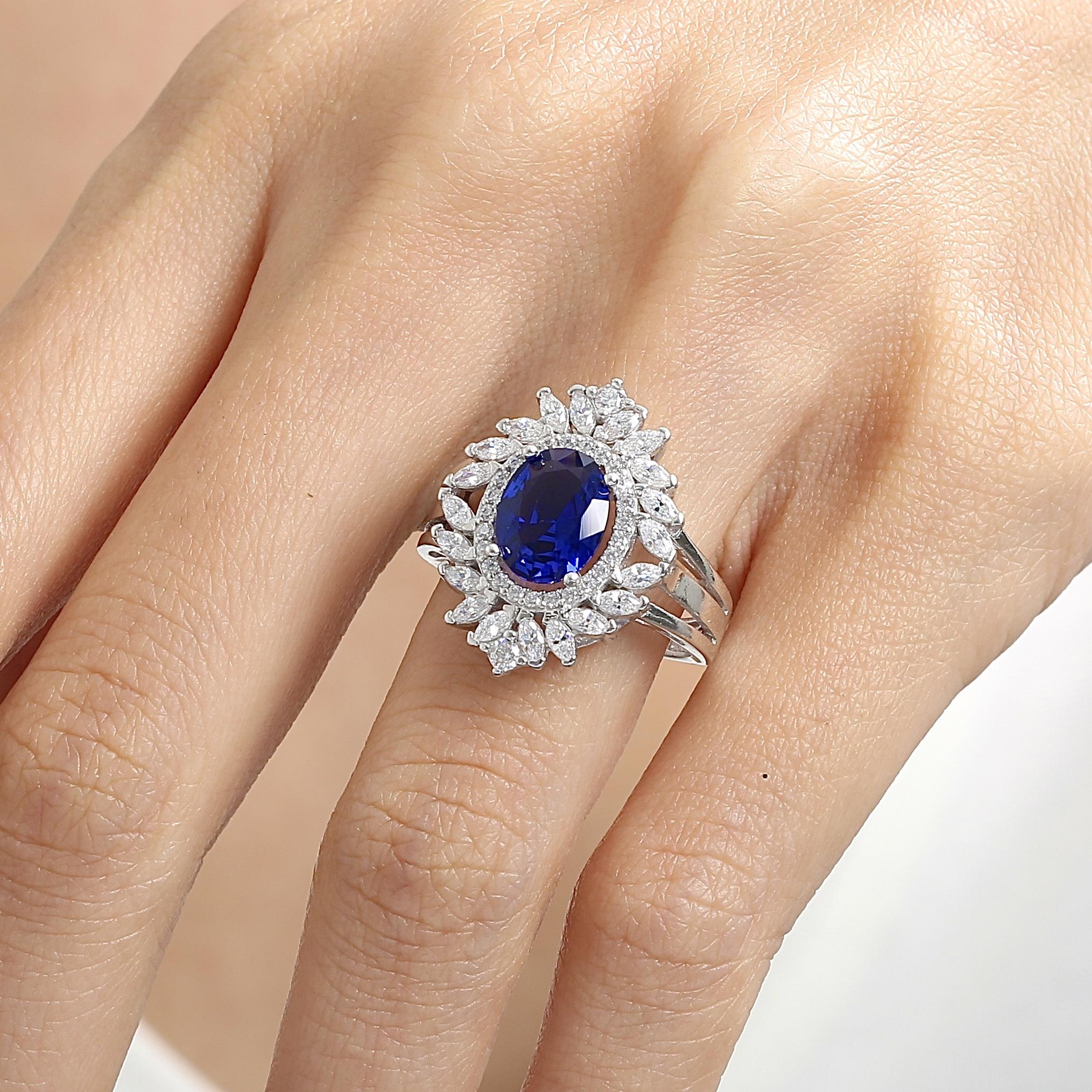 Effective Diamond Sparkling Sapphire Silver Ring