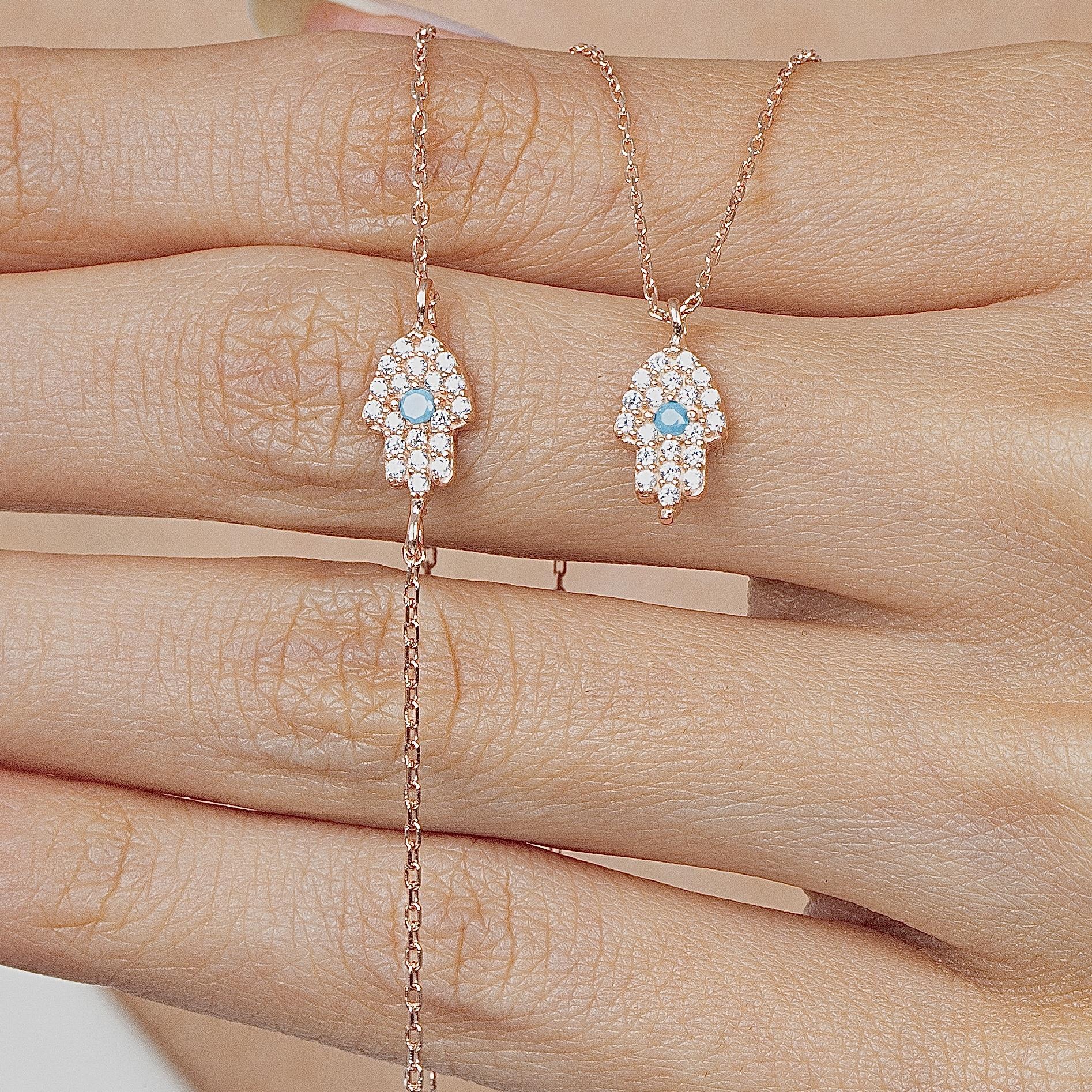Turquoise Detail Hamsa Hand Rose Gold Duo Set