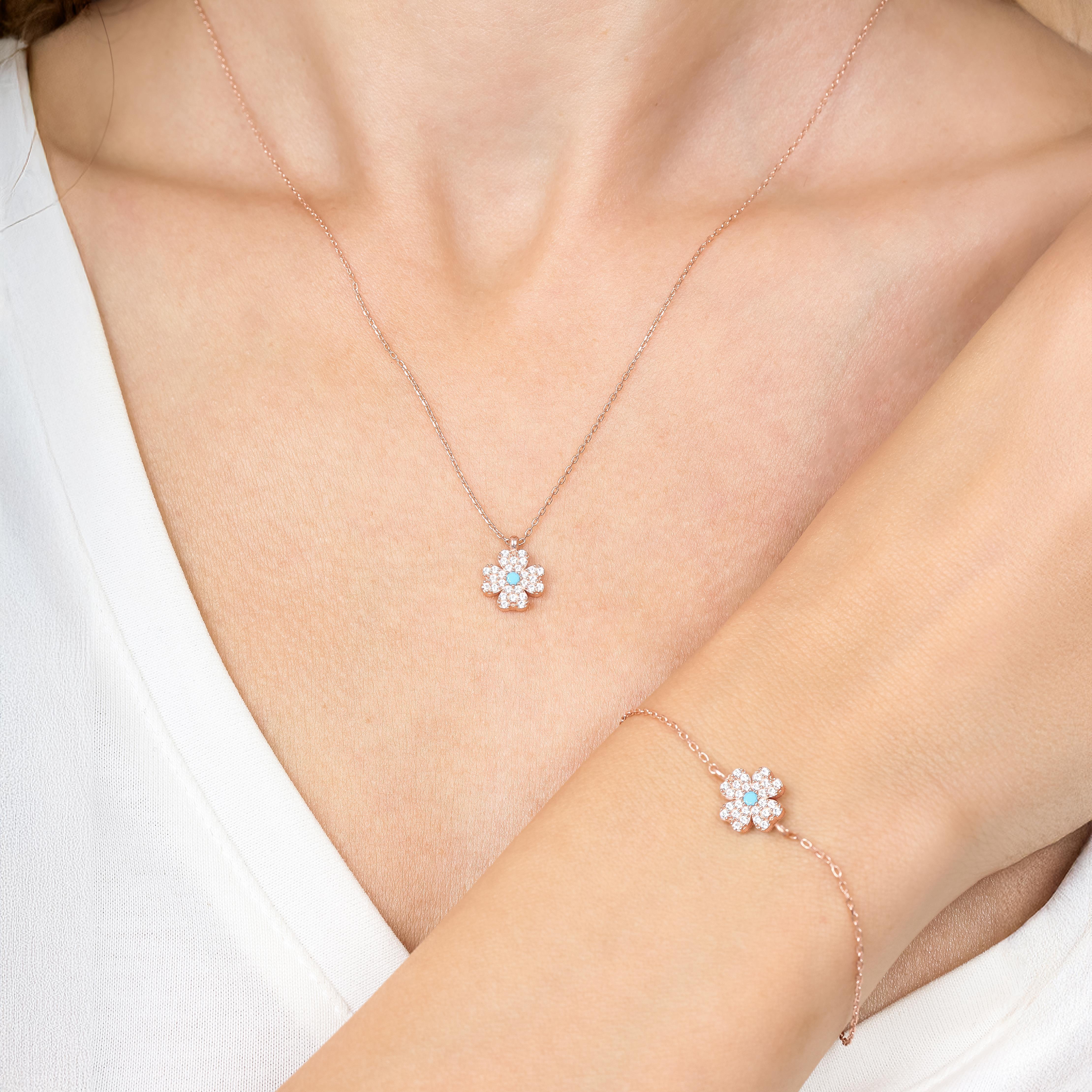 Turquoise Detail Clover Rose Gold Duo Set