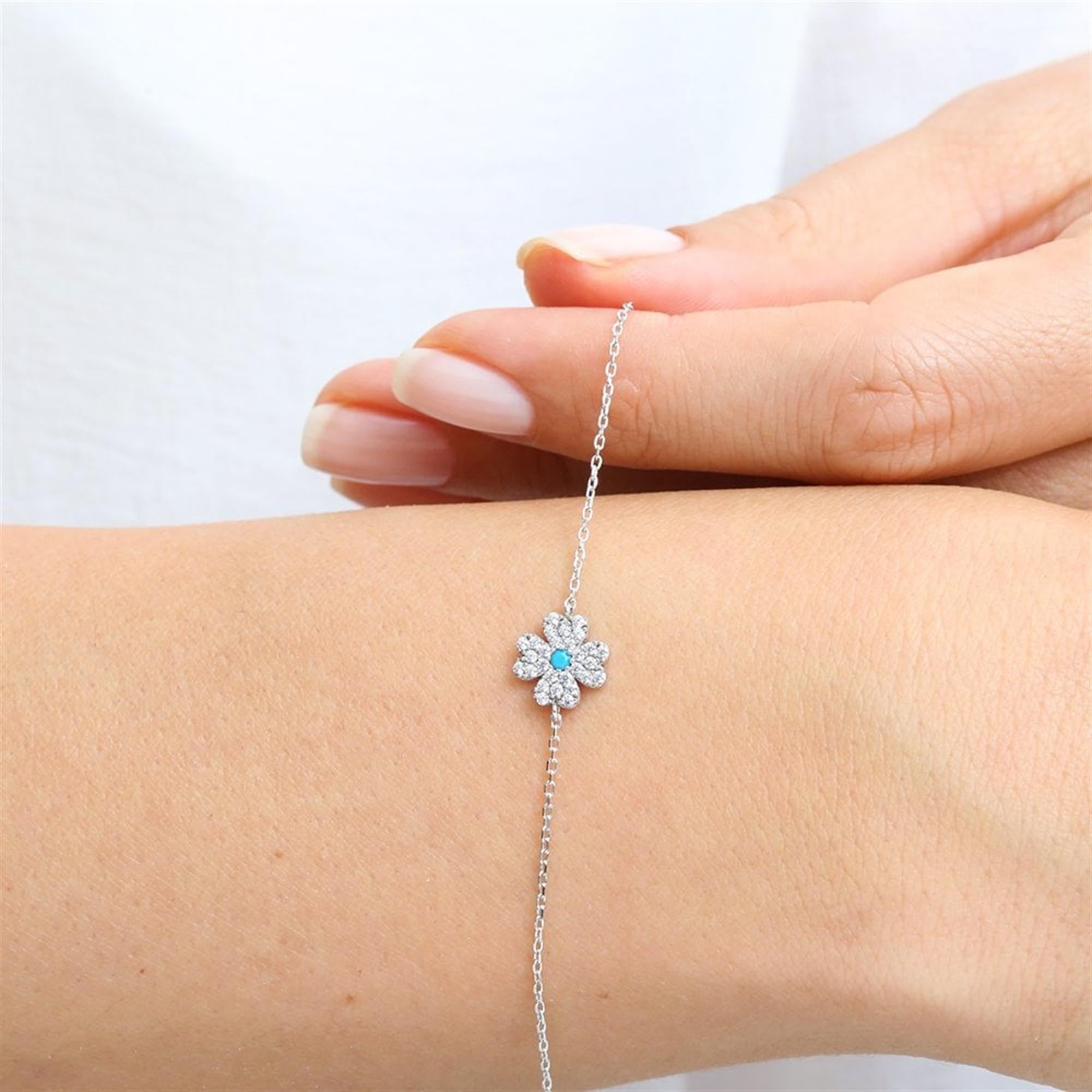Turquoise Sparkle Clover Silver Bracelet