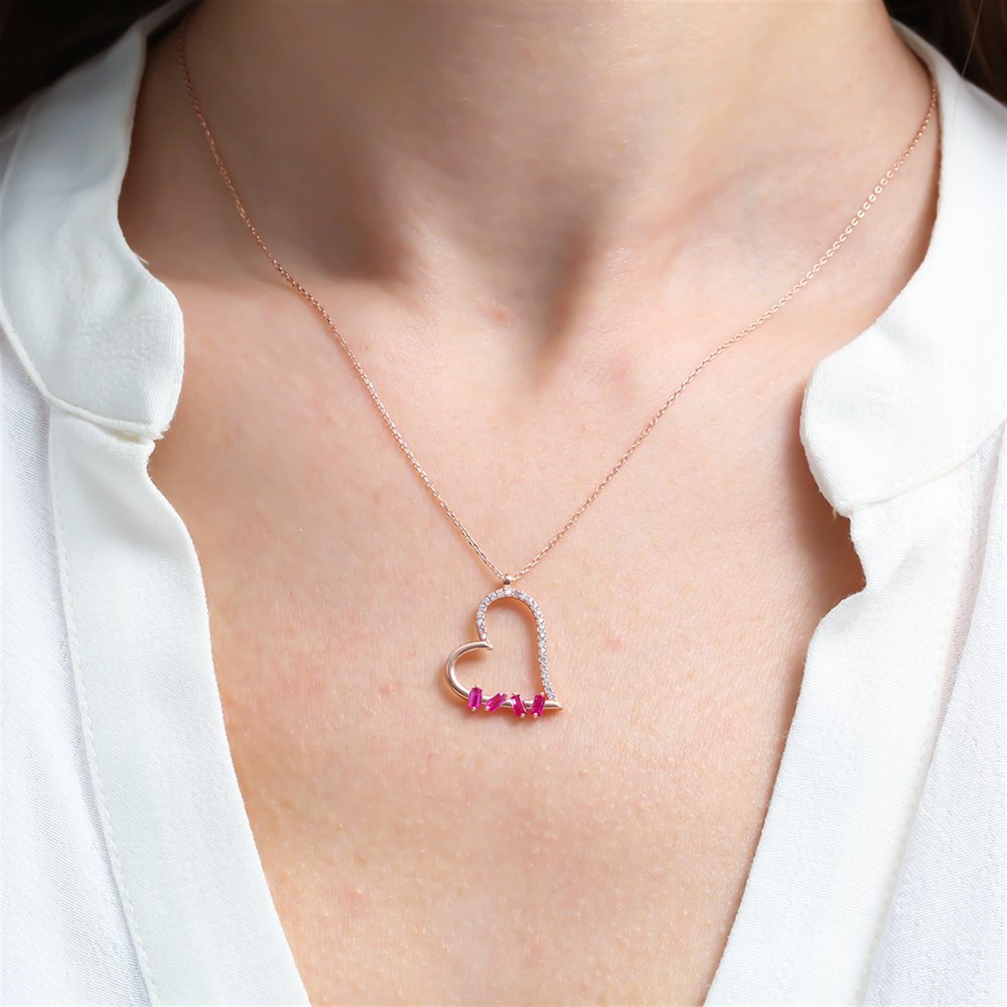 Fuchsia Baguette Stone Heart Rose Gold Necklace