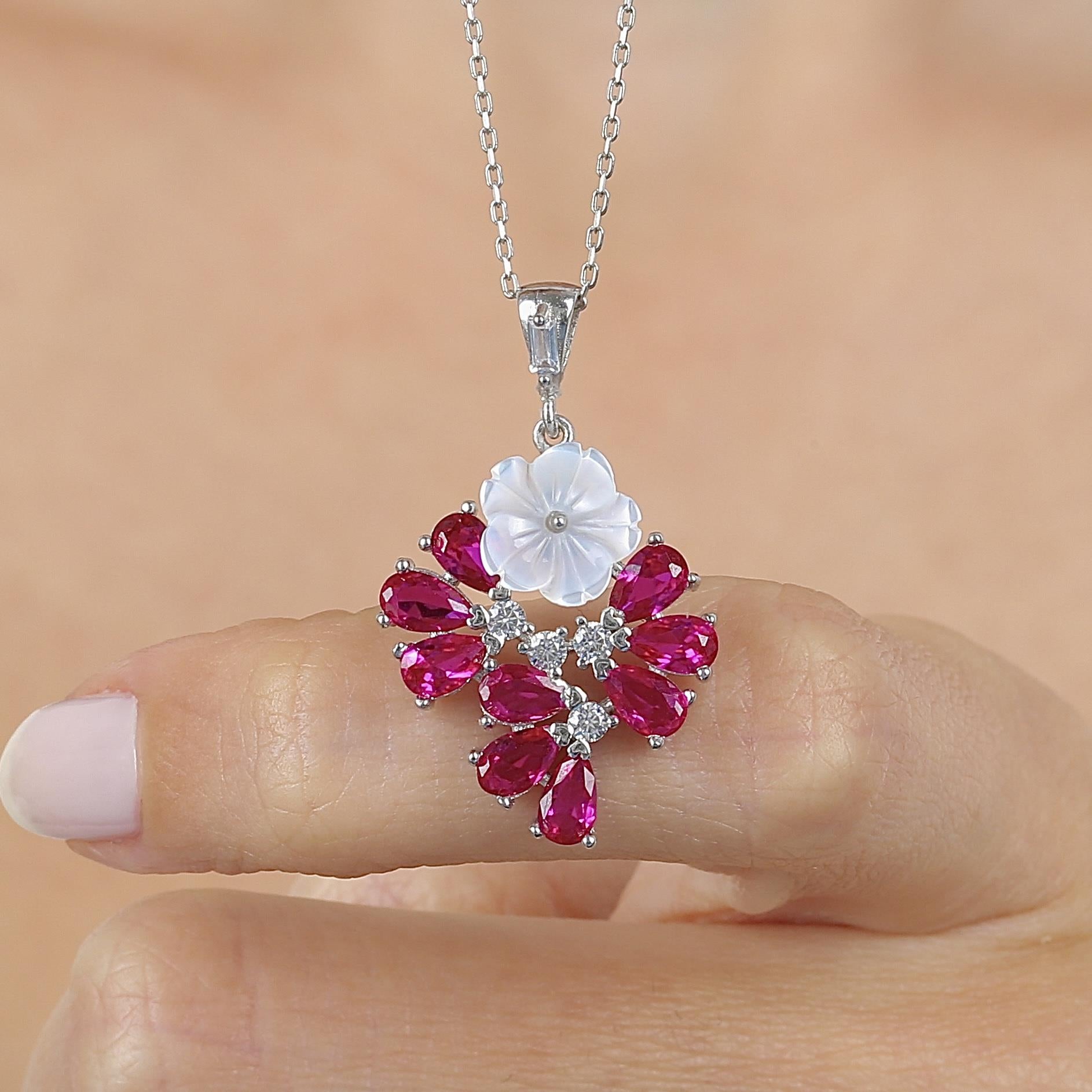 Fuchsia Stone Drop Tale Magnolia Flower Silver Necklace
