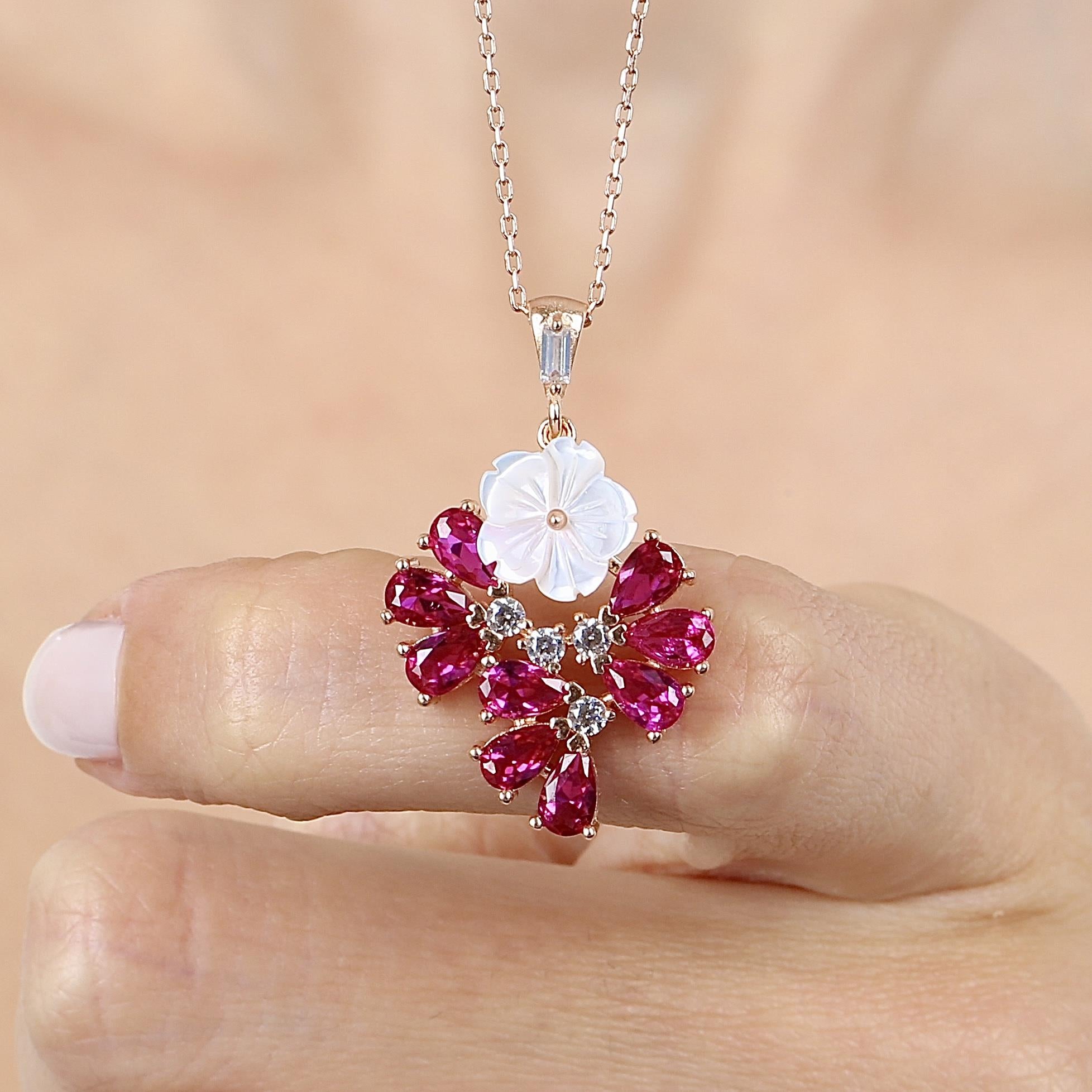 Fuchsia Stone Drop Tale Magnolia Flower Rose Gold Necklace