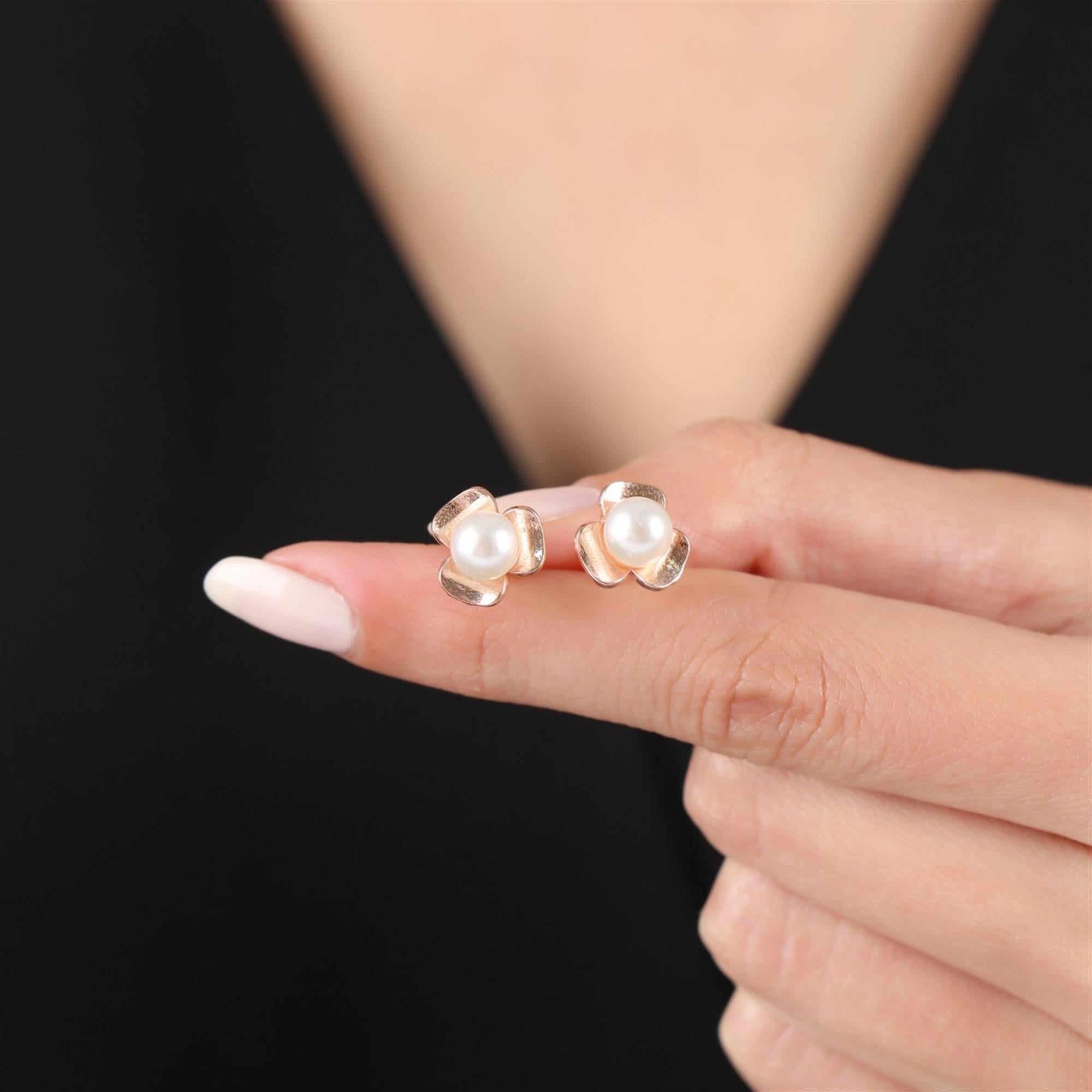 Dainty Pearl Clover Flowers Rose Gold Earrings