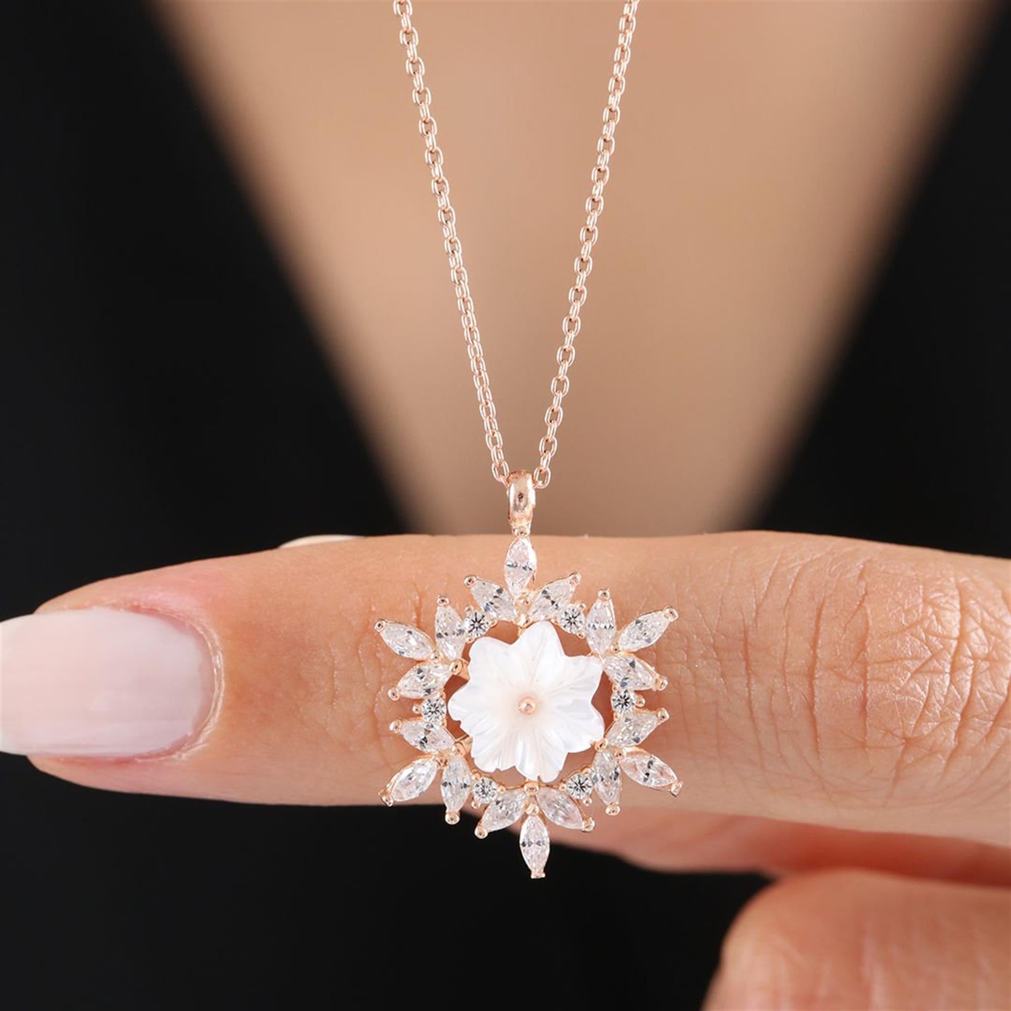 Snowflake Crystal Flower Rose Gold Necklace