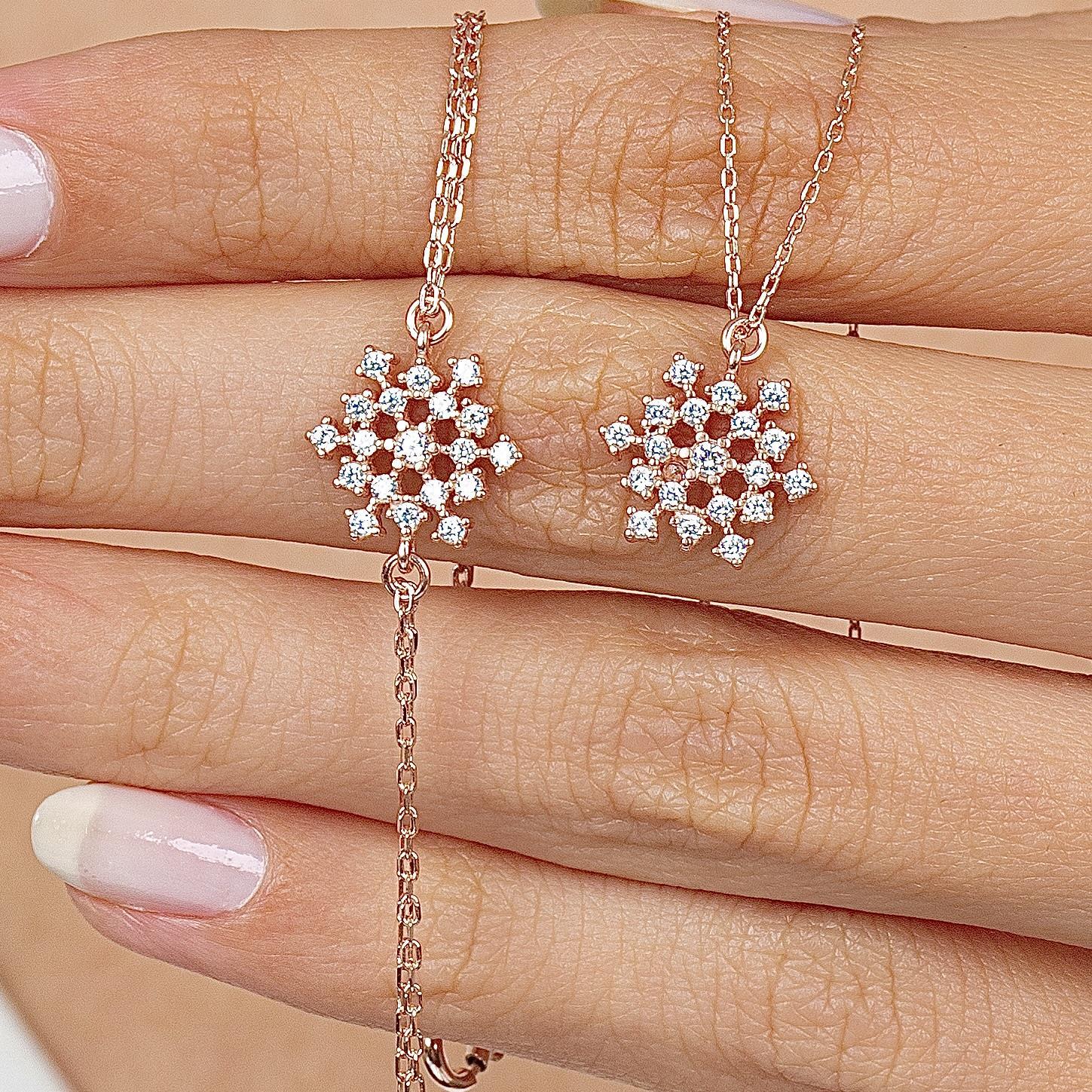 Minimalist Snowflake Rose Gold Silver Jewelry Set