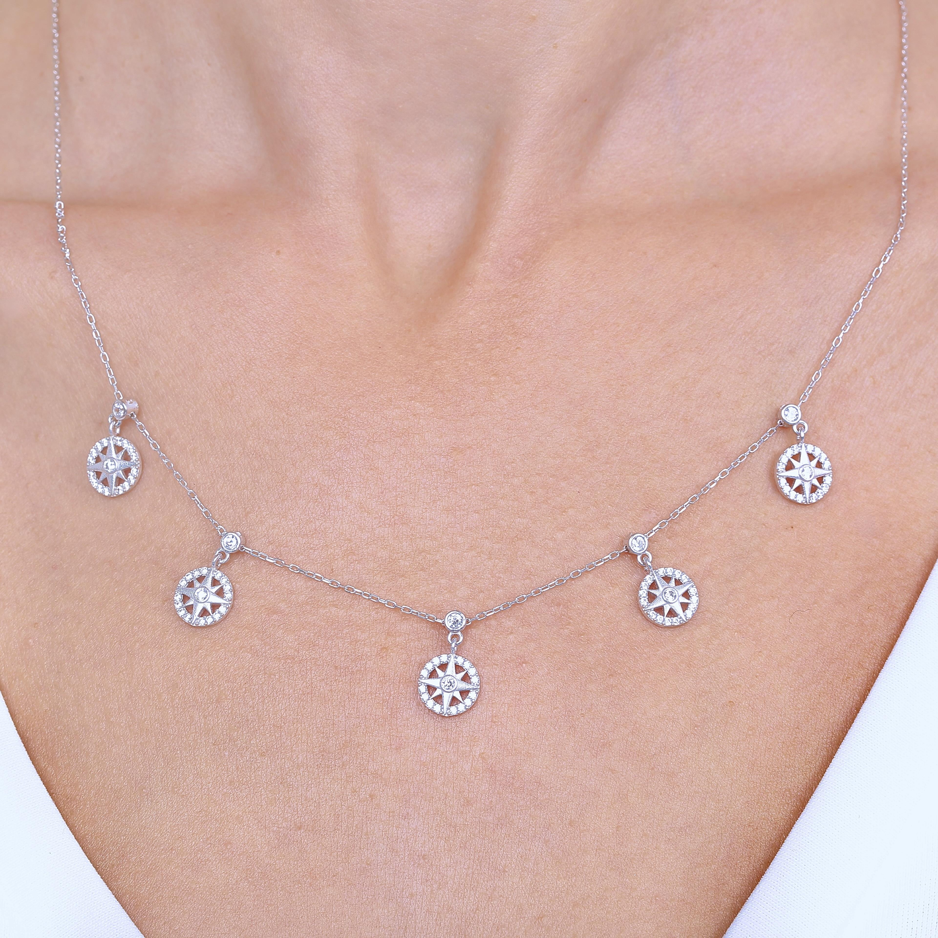 Sparkle Compass Luck Silver Choker Necklace