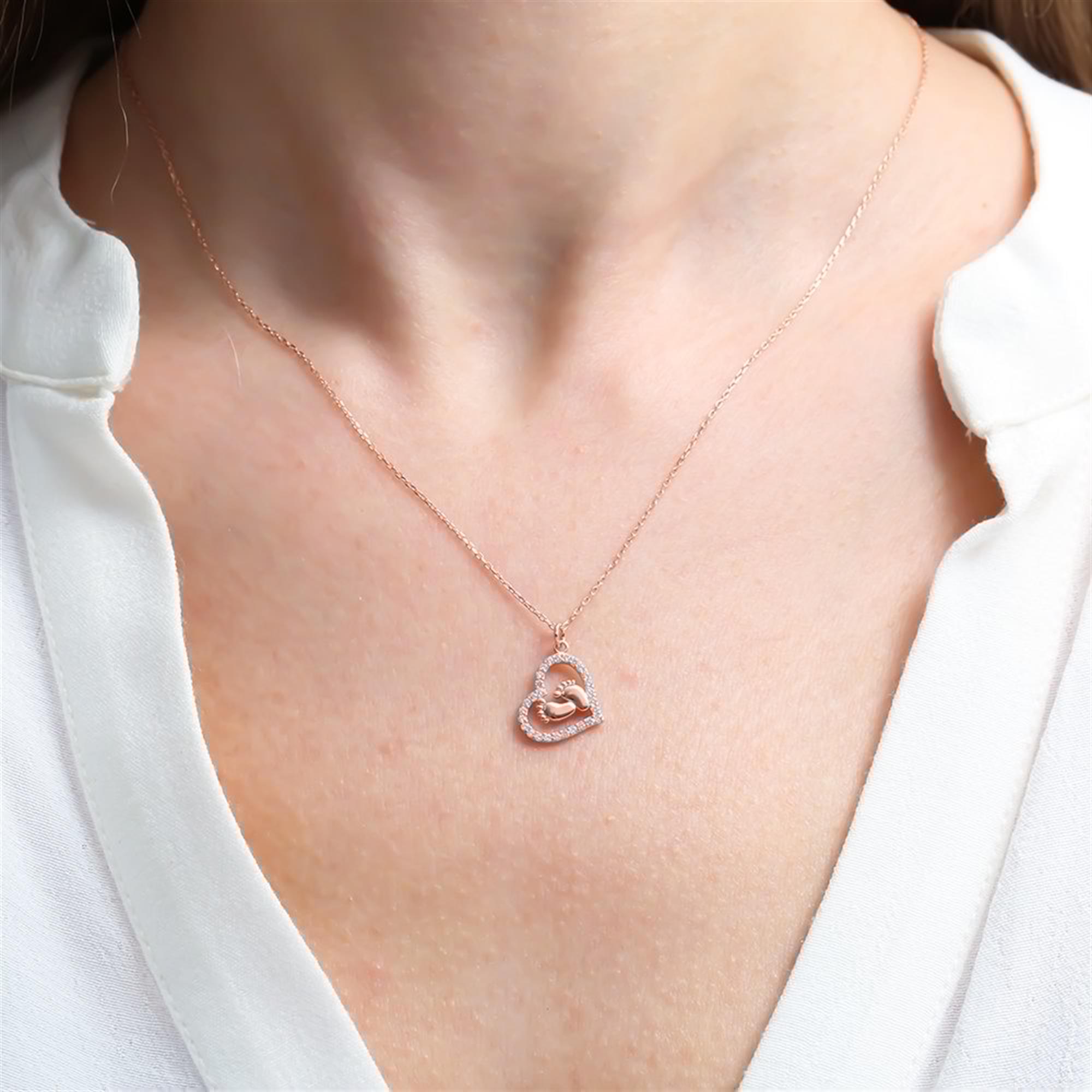 Sparkling Baby Footprint Heart Rose Gold Necklace
