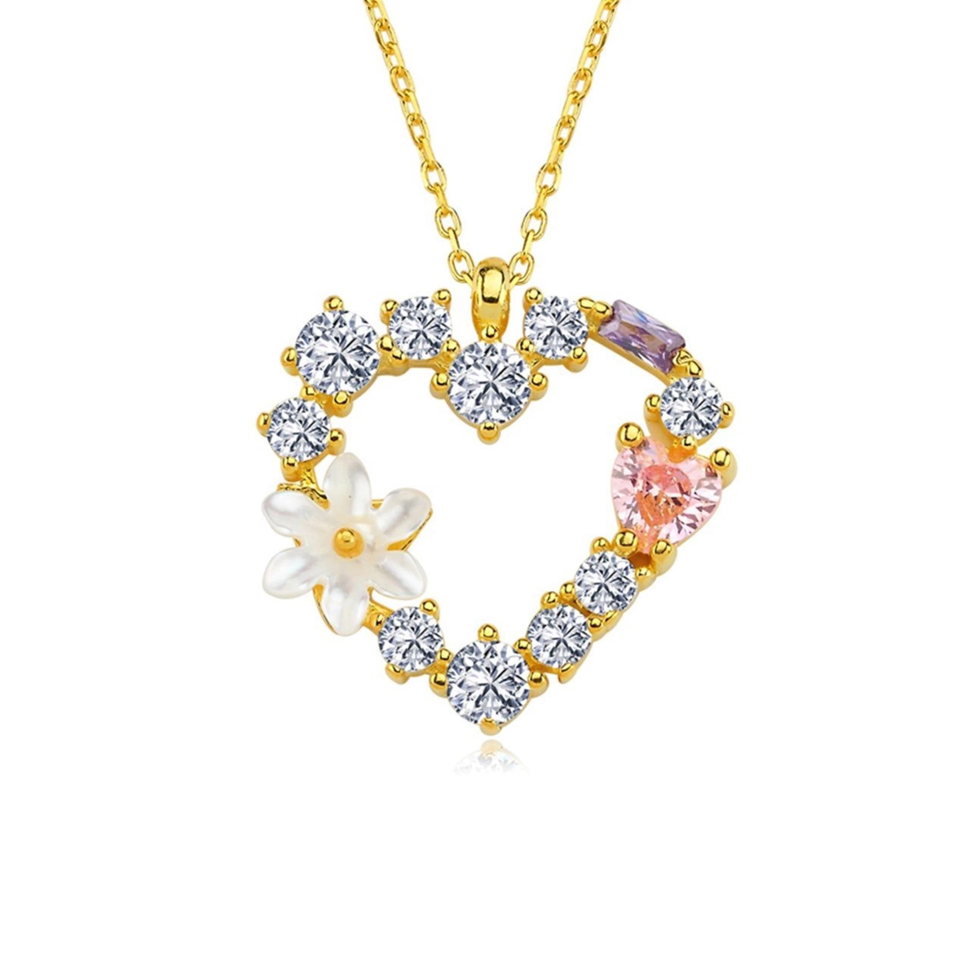 Magnolia Flower Sparkling Heart Gold Plated Necklace