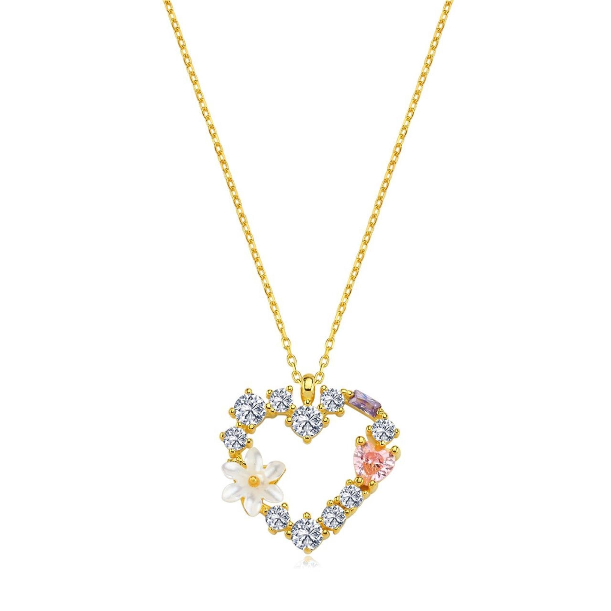 Magnolia Flower Sparkling Heart Gold Plated Necklace