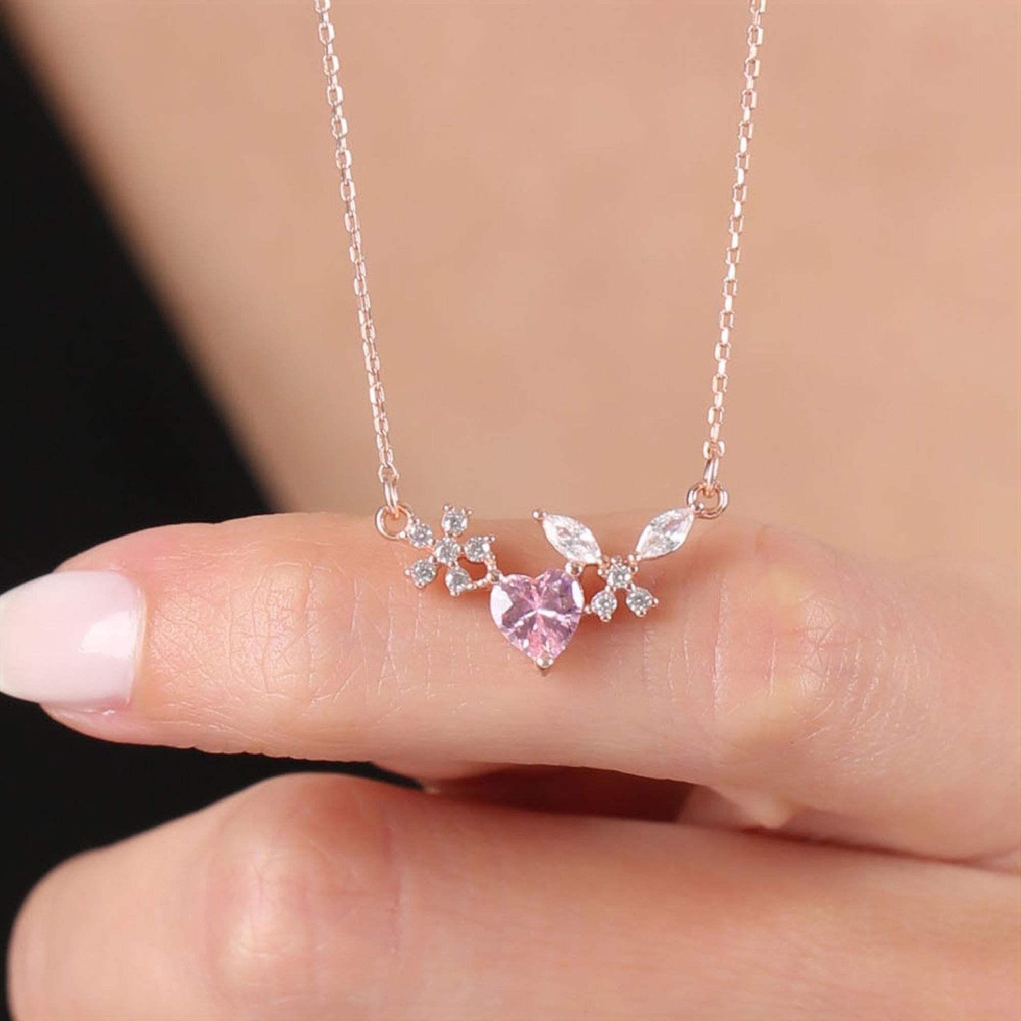 Rose gold necklace with pink heart stone, CZ butterfly and floral details – romantic pendant for women