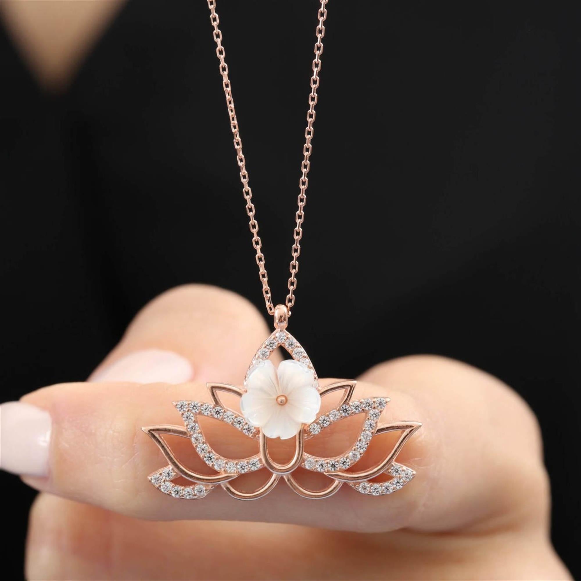 Sparkling Lotus Magnolia Flower Rose Gold Necklace