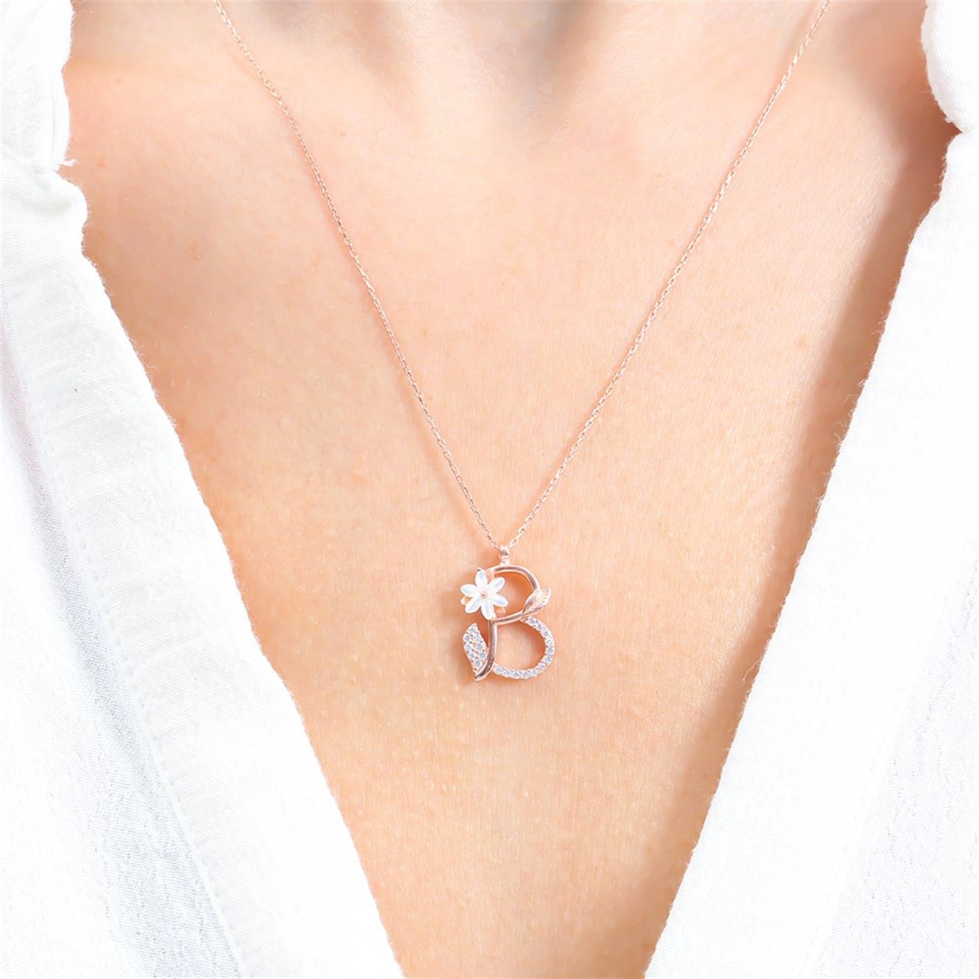 B Letter Magnolia Flower Rose Gold Necklace