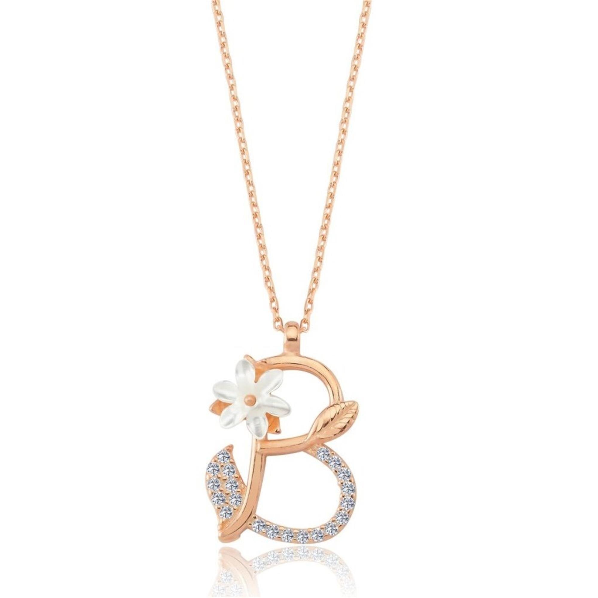 B Letter Magnolia Flower Rose Gold Necklace