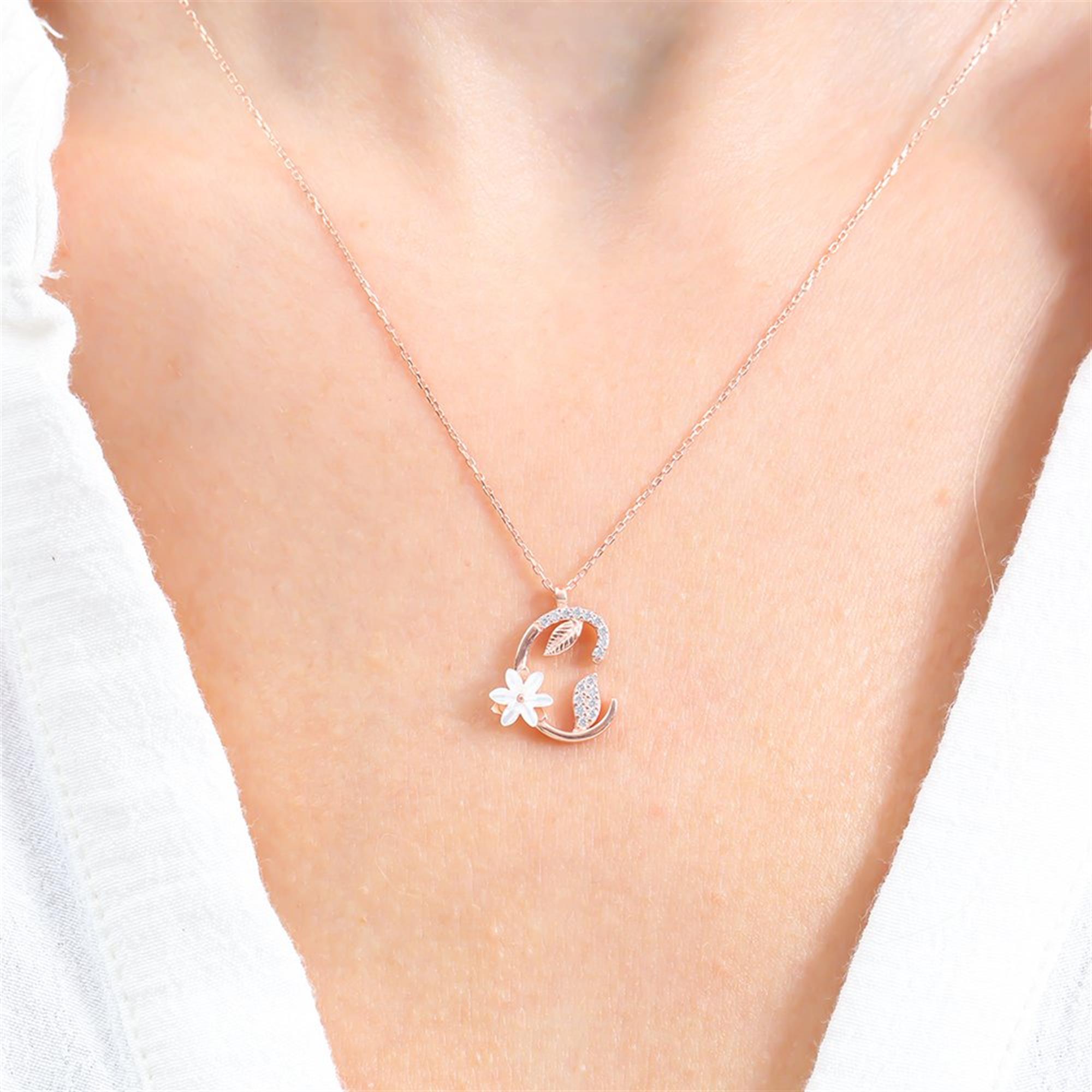 C Letter Magnolia Flower Rose Gold Necklace