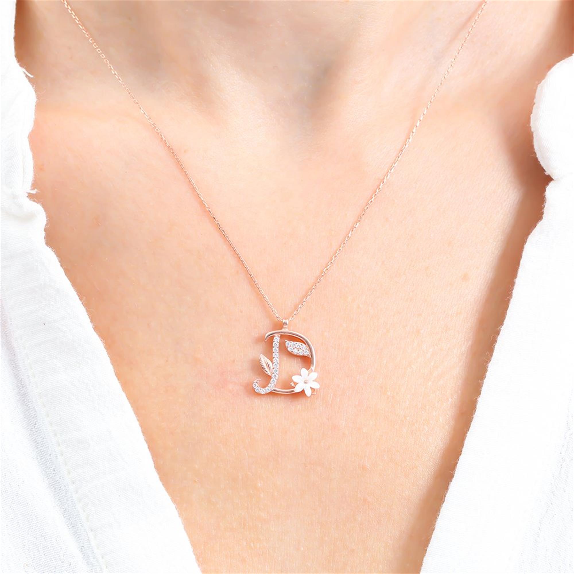 D Letter Magnolia Flower Rose Gold Necklace