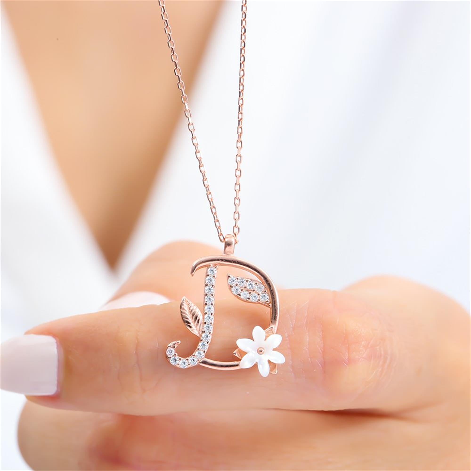 D Letter Magnolia Flower Rose Gold Necklace