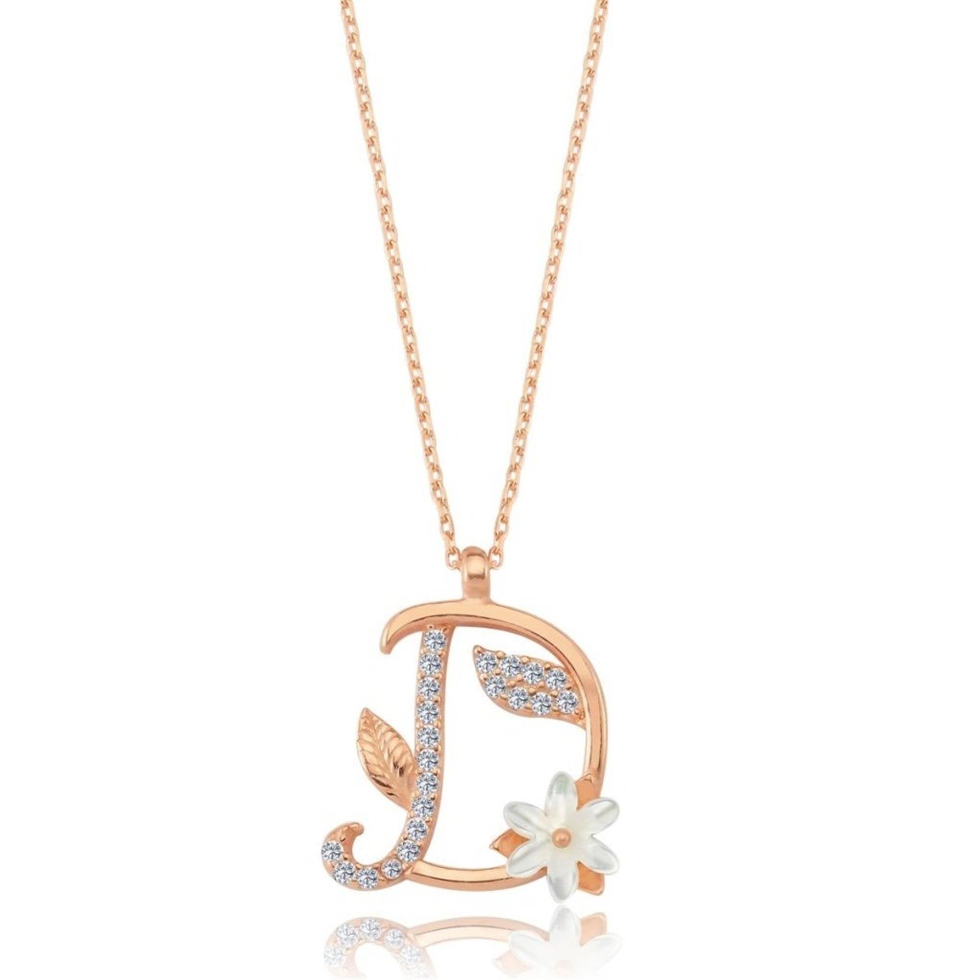 D Letter Magnolia Flower Rose Gold Necklace