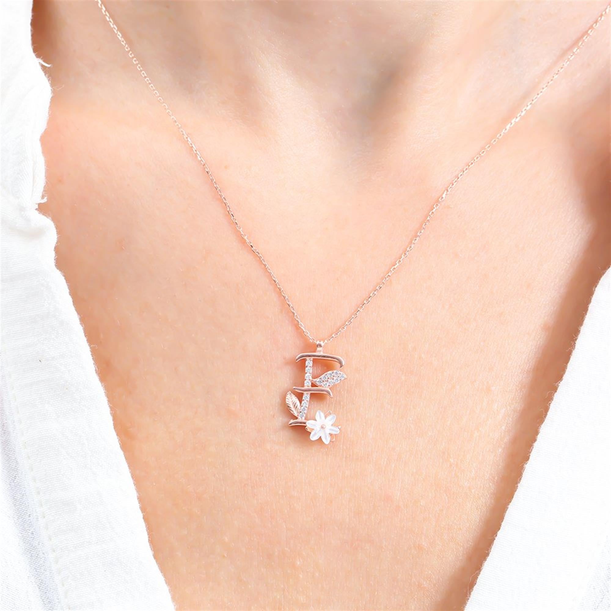 E Letter Magnolia Flower Rose Gold Necklace