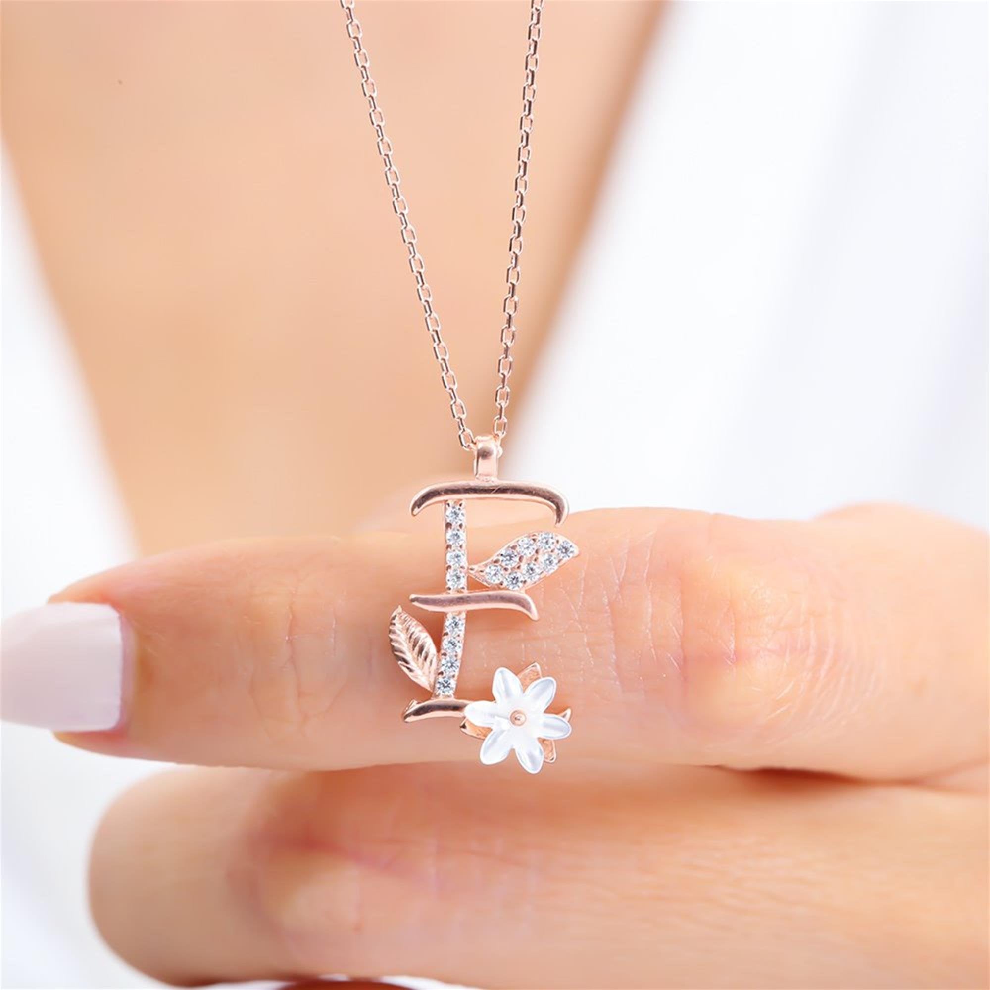 E Letter Magnolia Flower Rose Gold Necklace