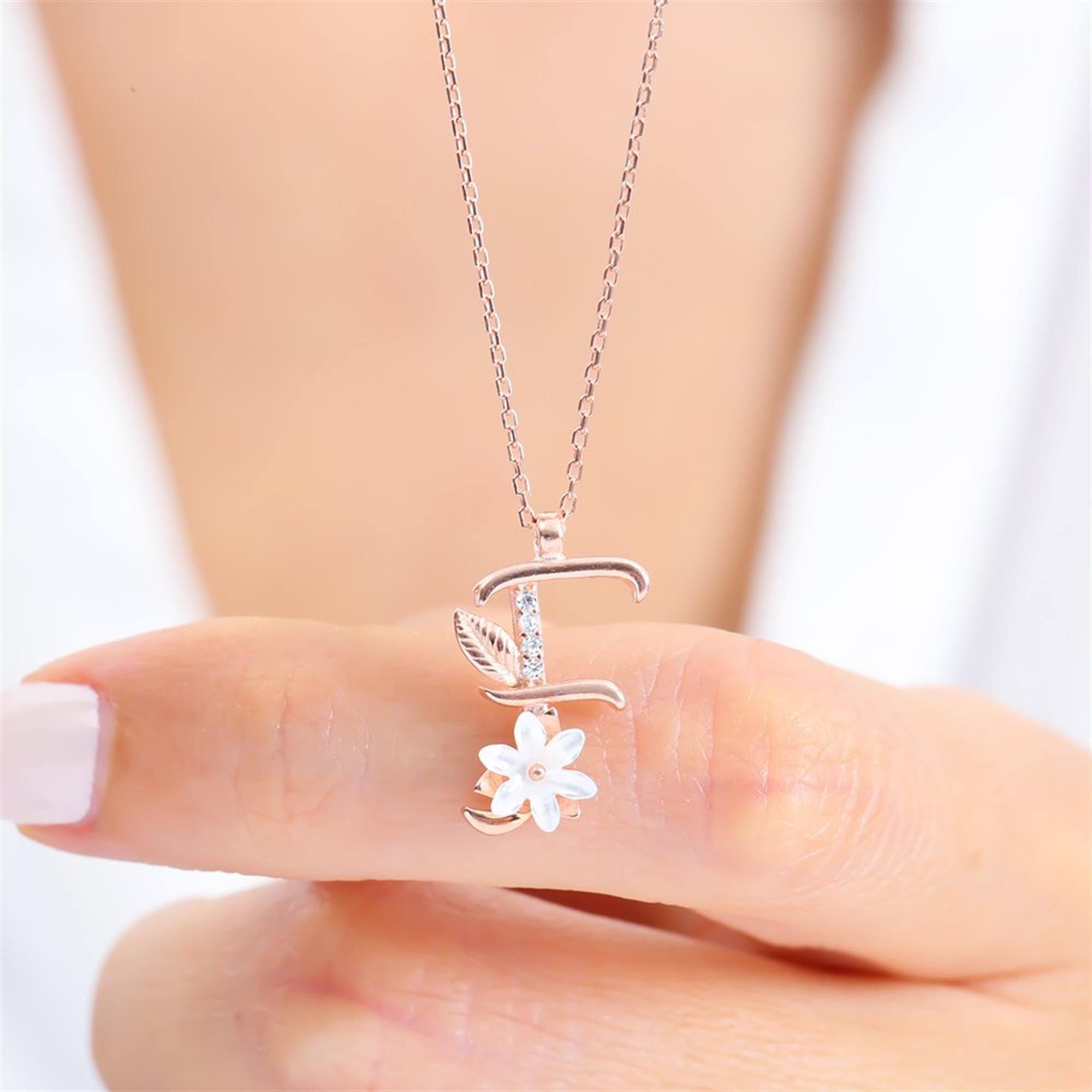 F Letter Magnolia Flower Rose Gold Necklace
