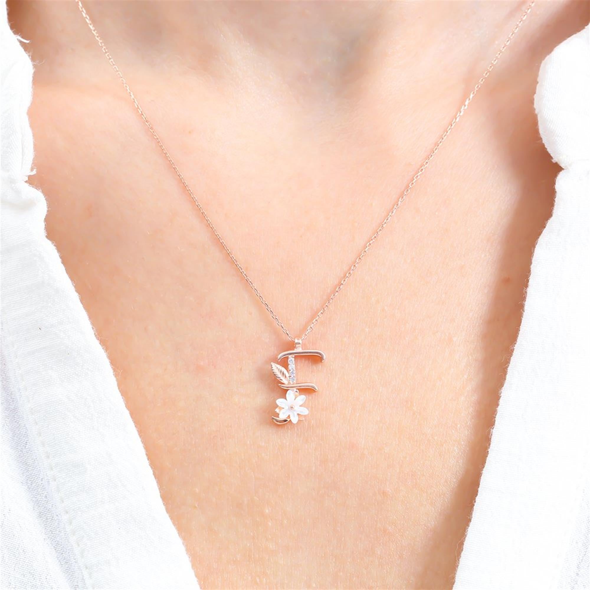 F Letter Magnolia Flower Rose Gold Necklace