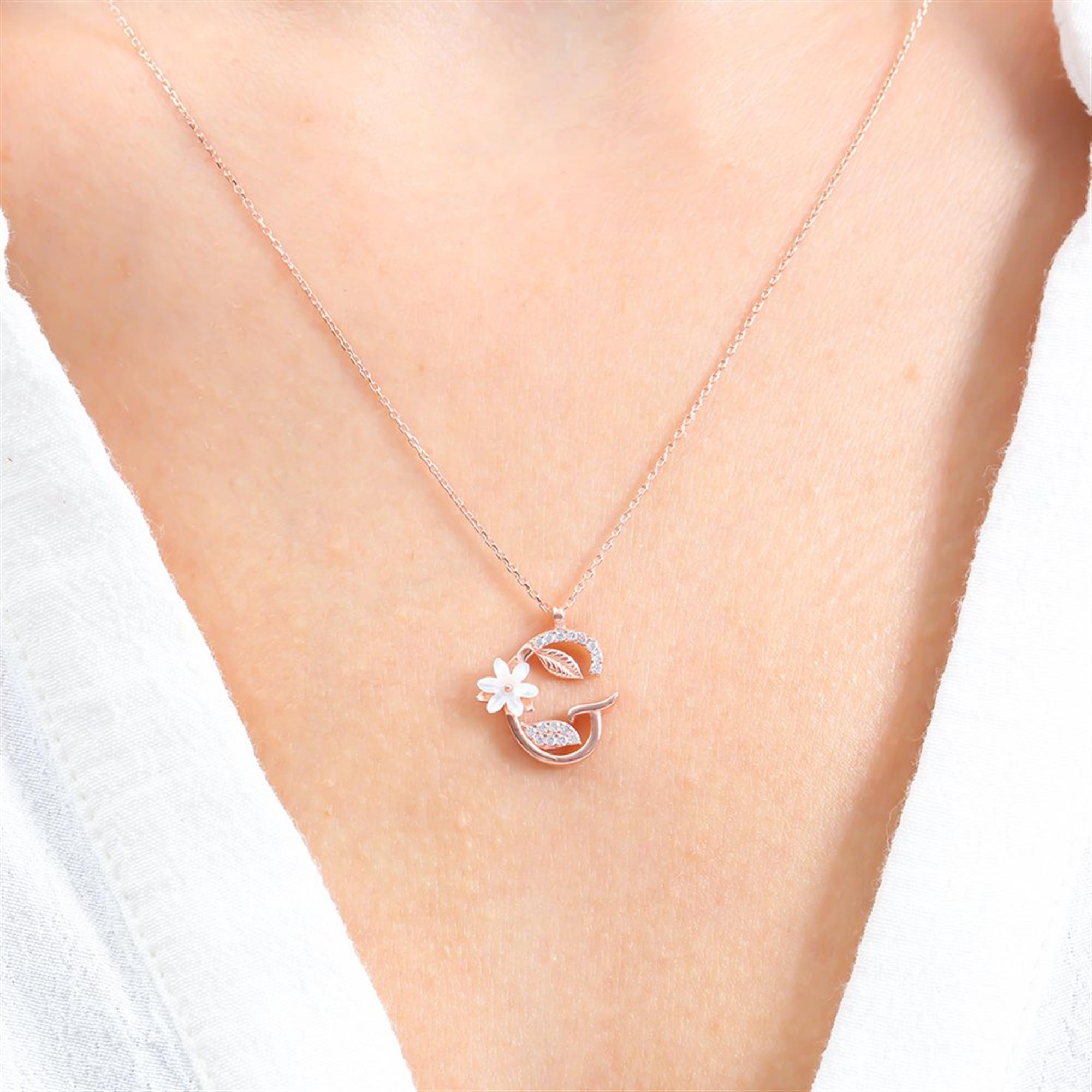 G Letter Magnolia Flower Rose Gold Necklace