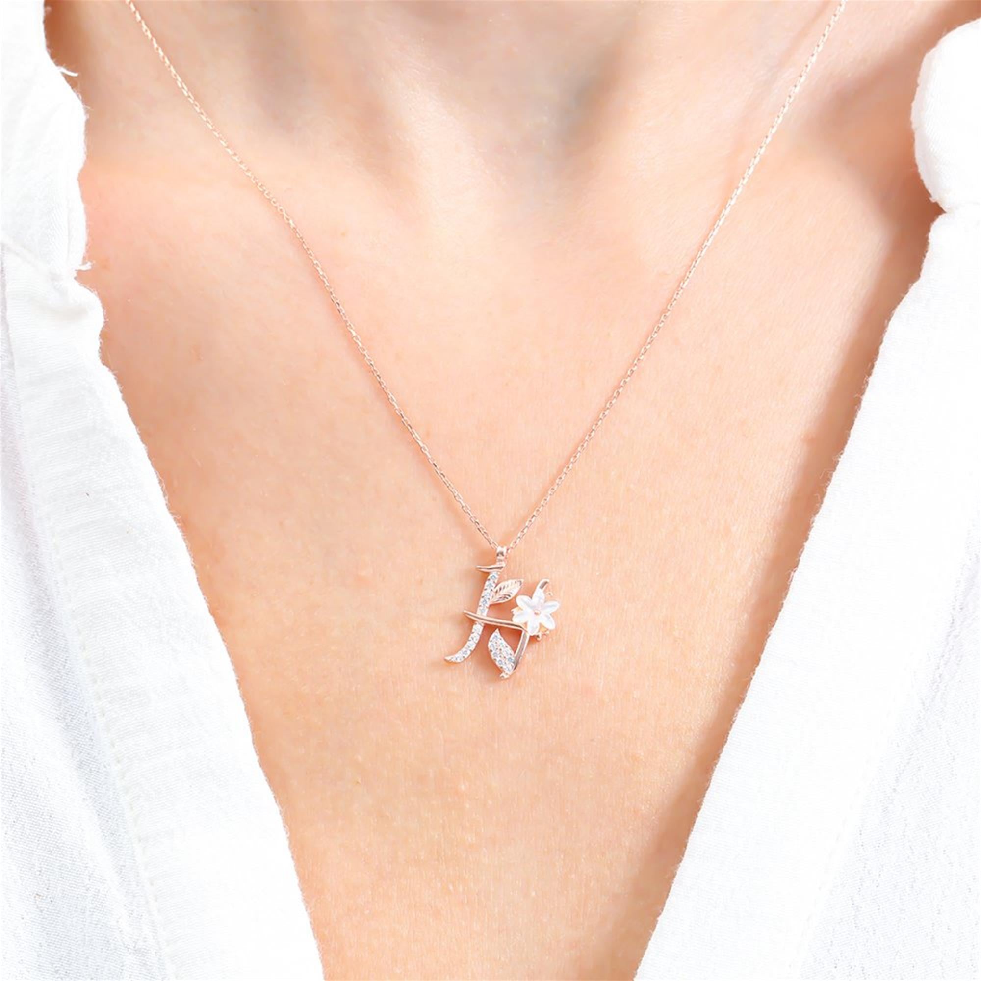 H Letter Magnolia Flower Rose Gold Necklace