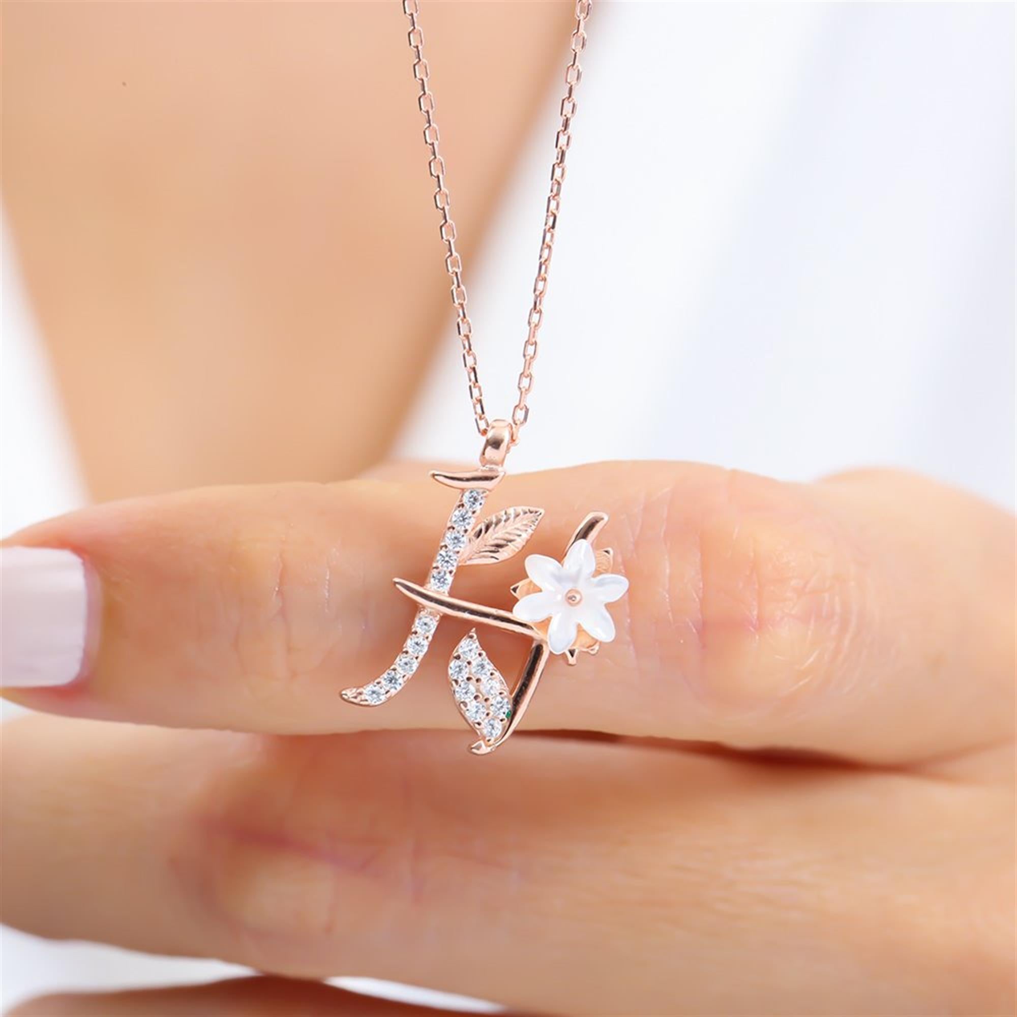 H Letter Magnolia Flower Rose Gold Necklace