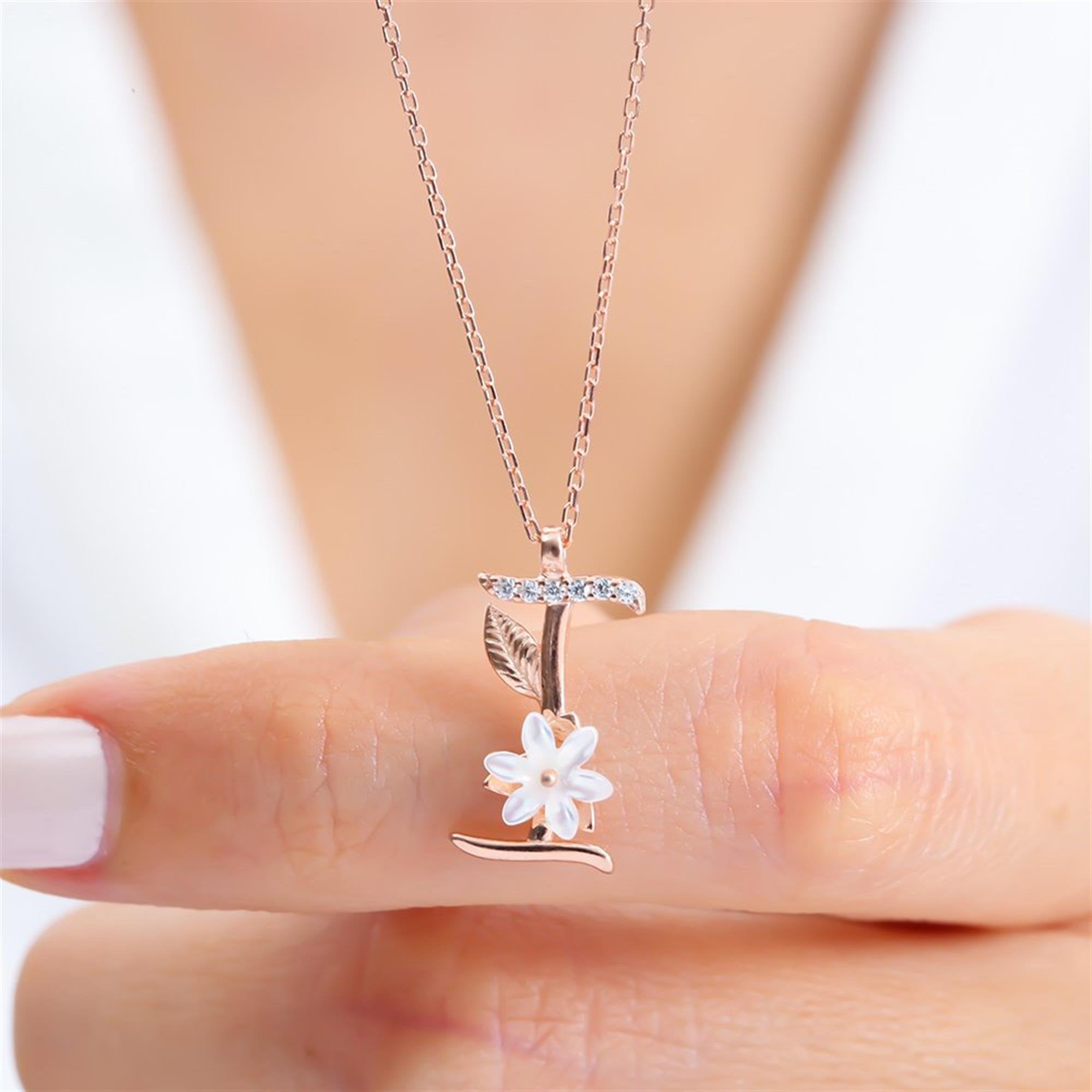 I Letter Magnolia Flower Rose Gold Necklace