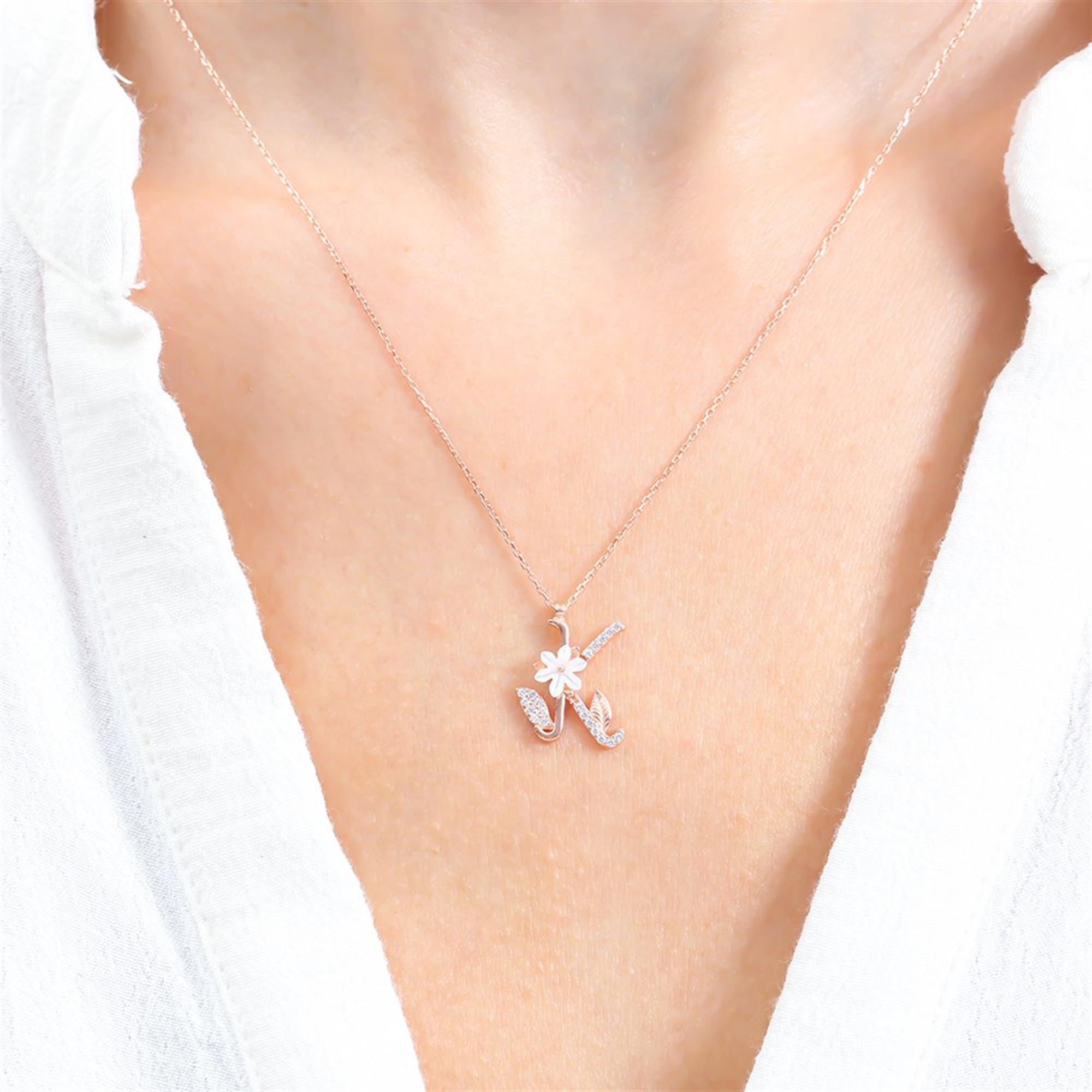K Letter Magnolia Flower Rose Gold Necklace